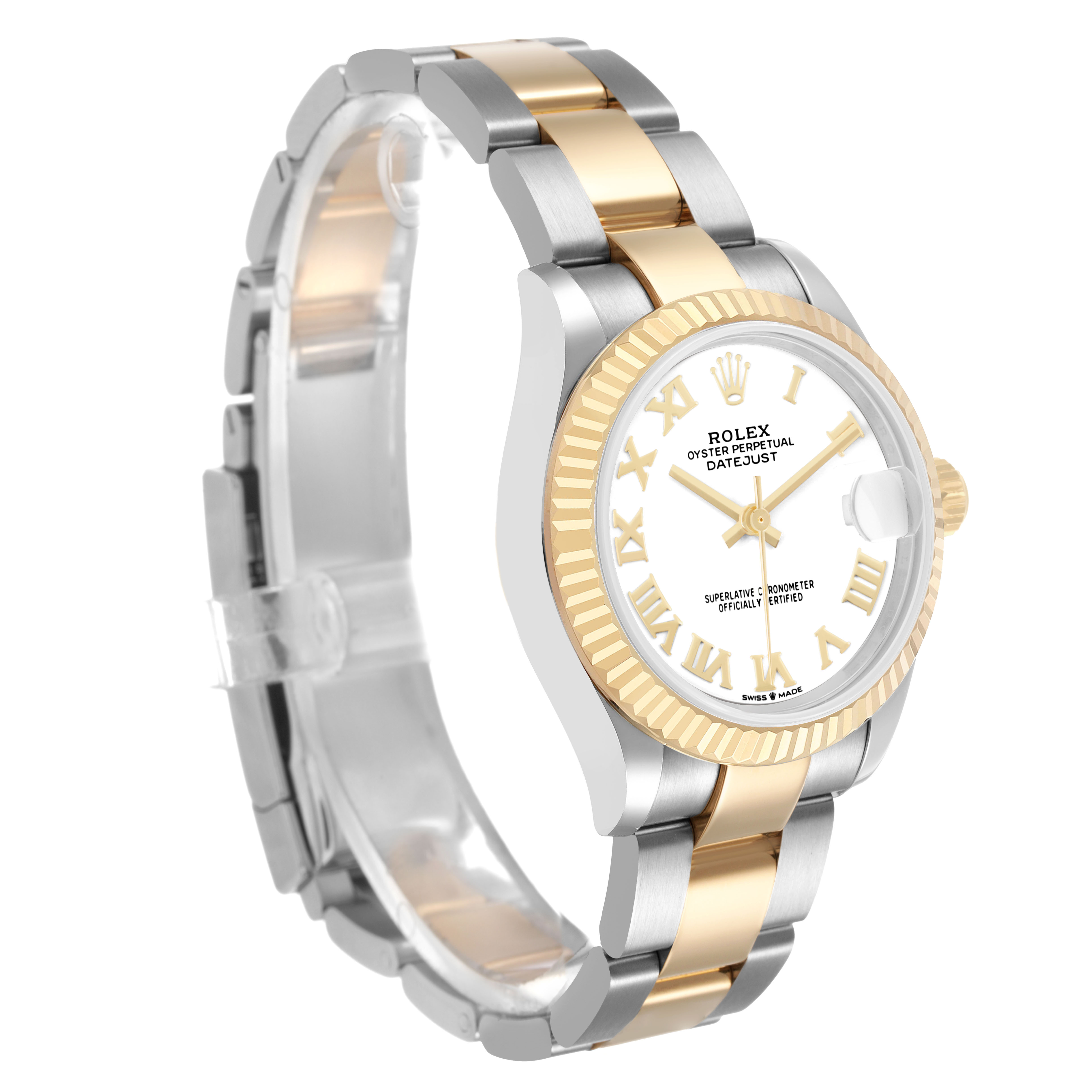 The Rolex Datejust 278273 Women's Steel and Gold (two tone) White Dial watch is shown at a three-quarter angle, highlighting the bezel, dial, and two-tone bracelet.