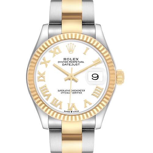 The Rolex Datejust 278273 Women's Steel and Gold (two tone) White Dial watch is shown from the front, highlighting its gold fluted bezel, white dial, and two-tone bracelet.