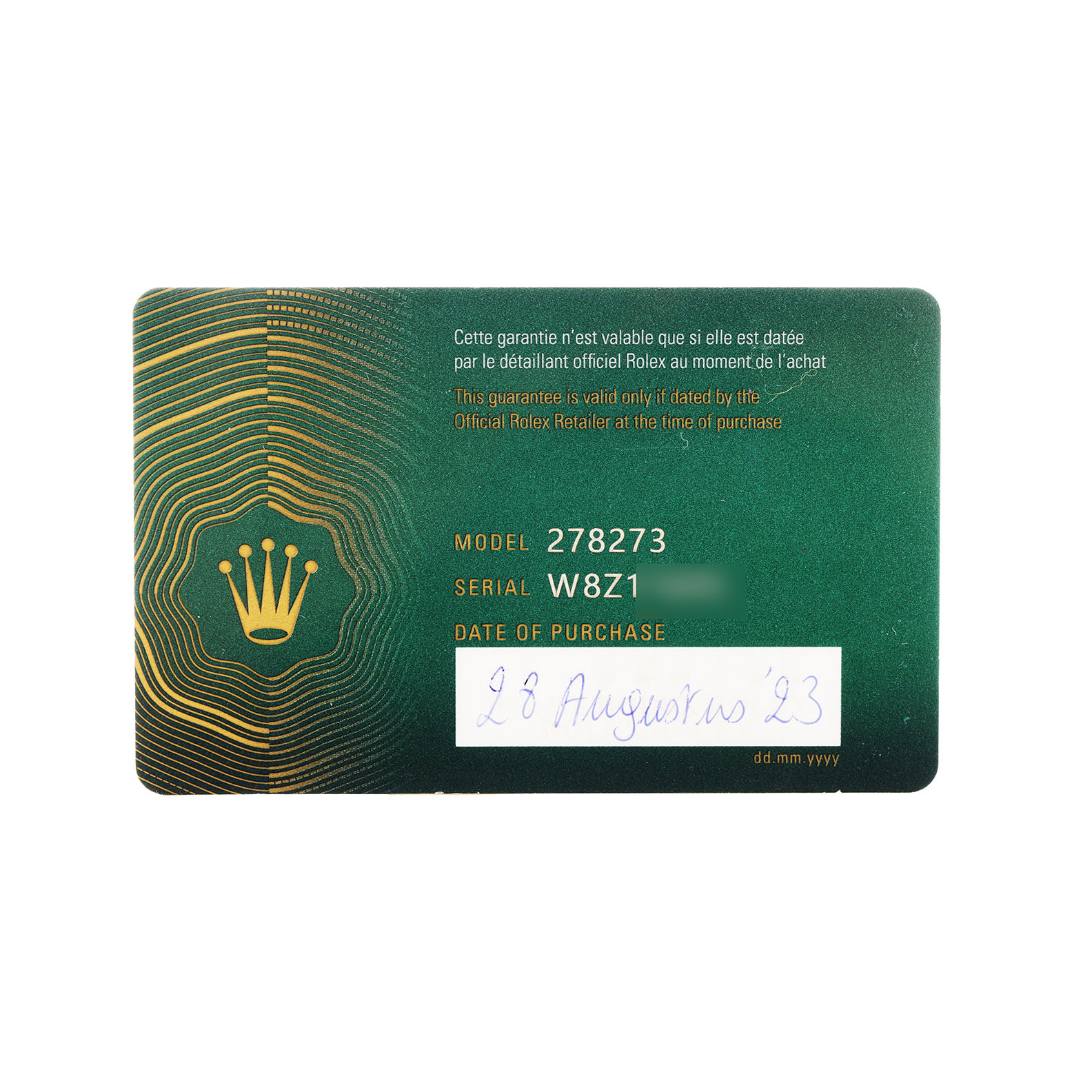 The image shows a warranty card for the Rolex Datejust 278273 Women's Steel and Gold (two tone) White Dial, highlighting the model and serial number.