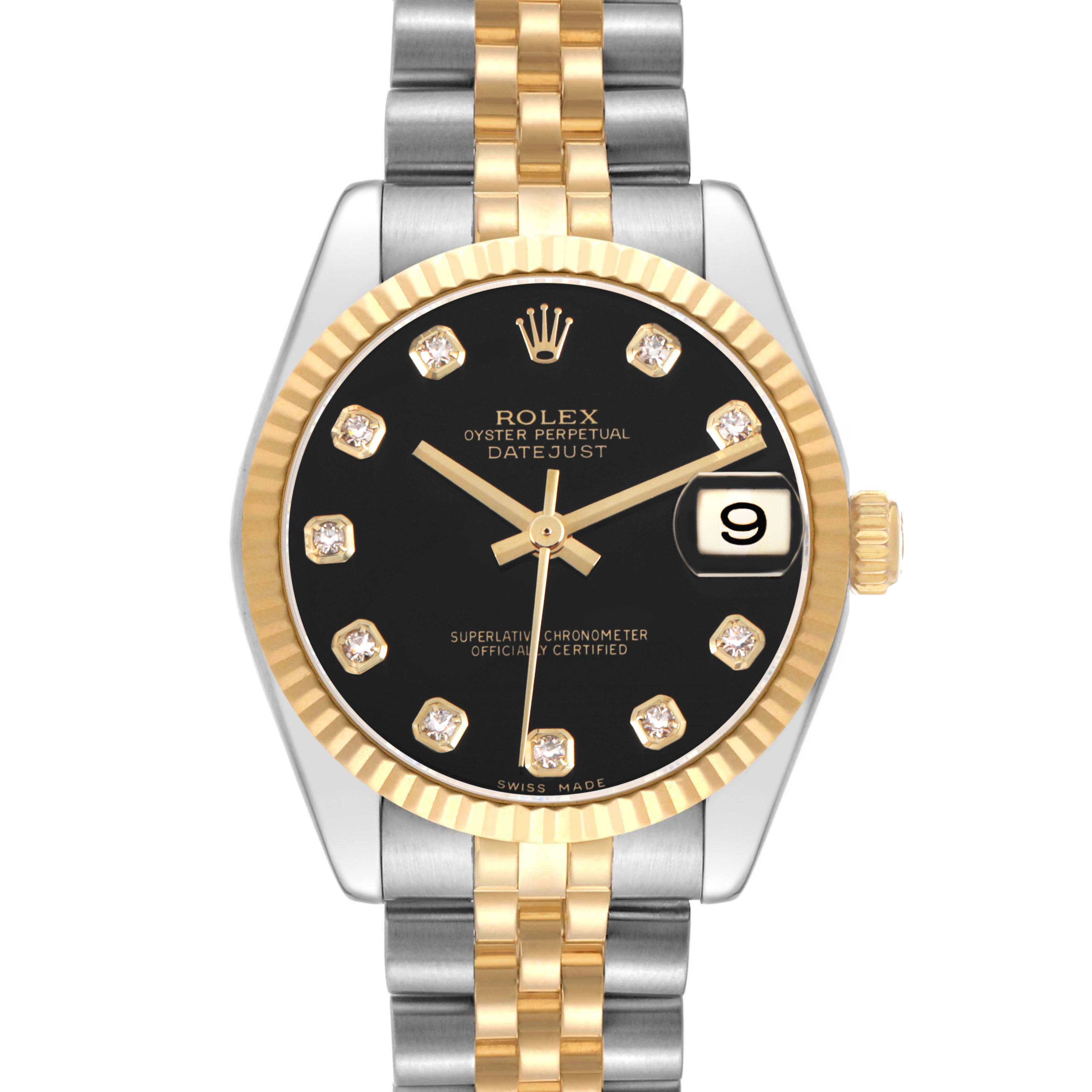 The Rolex Datejust 178273 Women's Steel and Gold (two tone) Black Dial watch is shown from the front, highlighting its black dial, diamond hour markers, fluted bezel, and two-tone bracelet.