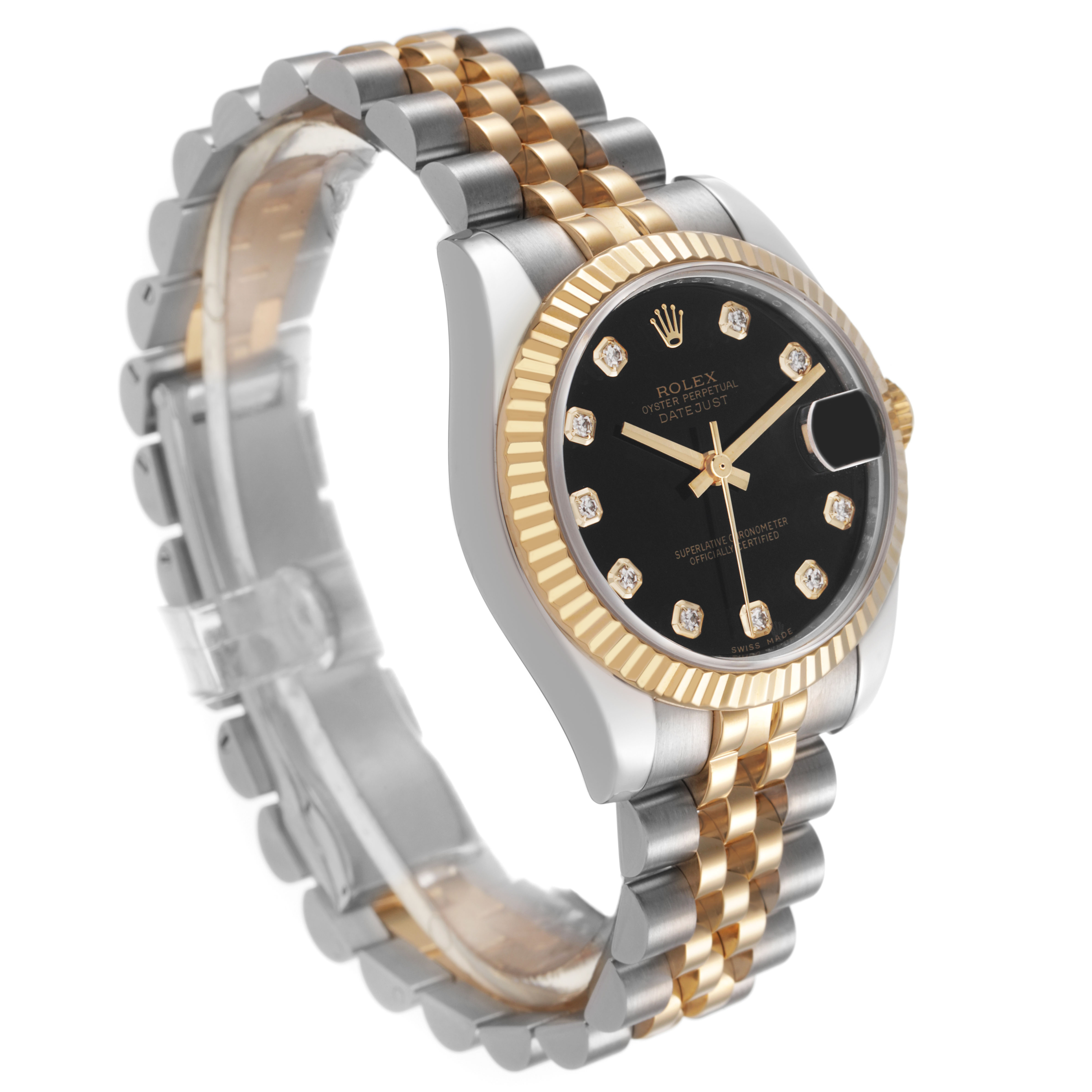 The Rolex Datejust 178273 Women's Steel and Gold (two tone) Black Dial watch is shown from a side angle, highlighting the dial, bezel, and two-tone bracelet.