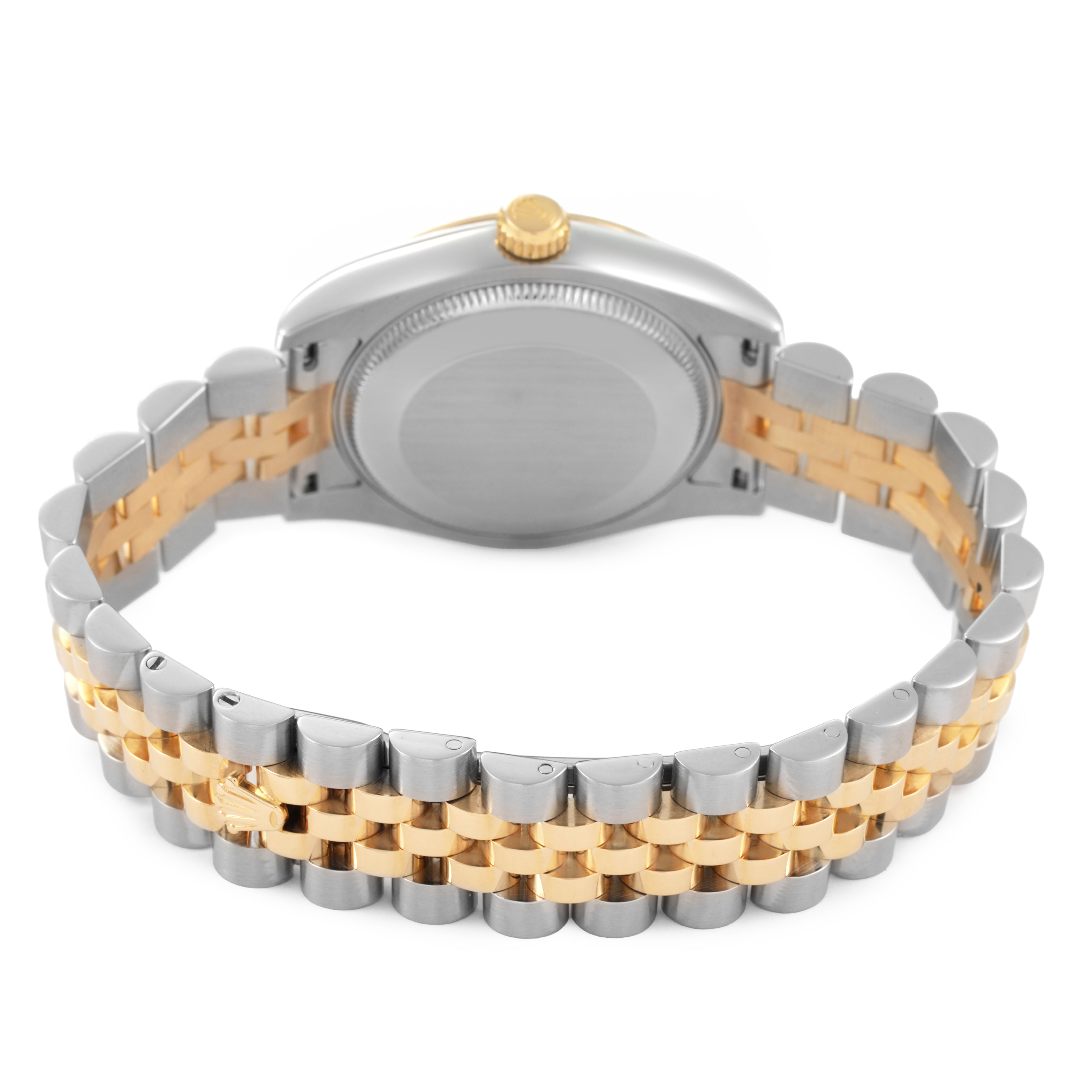 The Rolex Datejust 178273 Women's Steel and Gold (two tone) Black Dial watch is shown from the back, highlighting the case, crown, and two-tone bracelet.