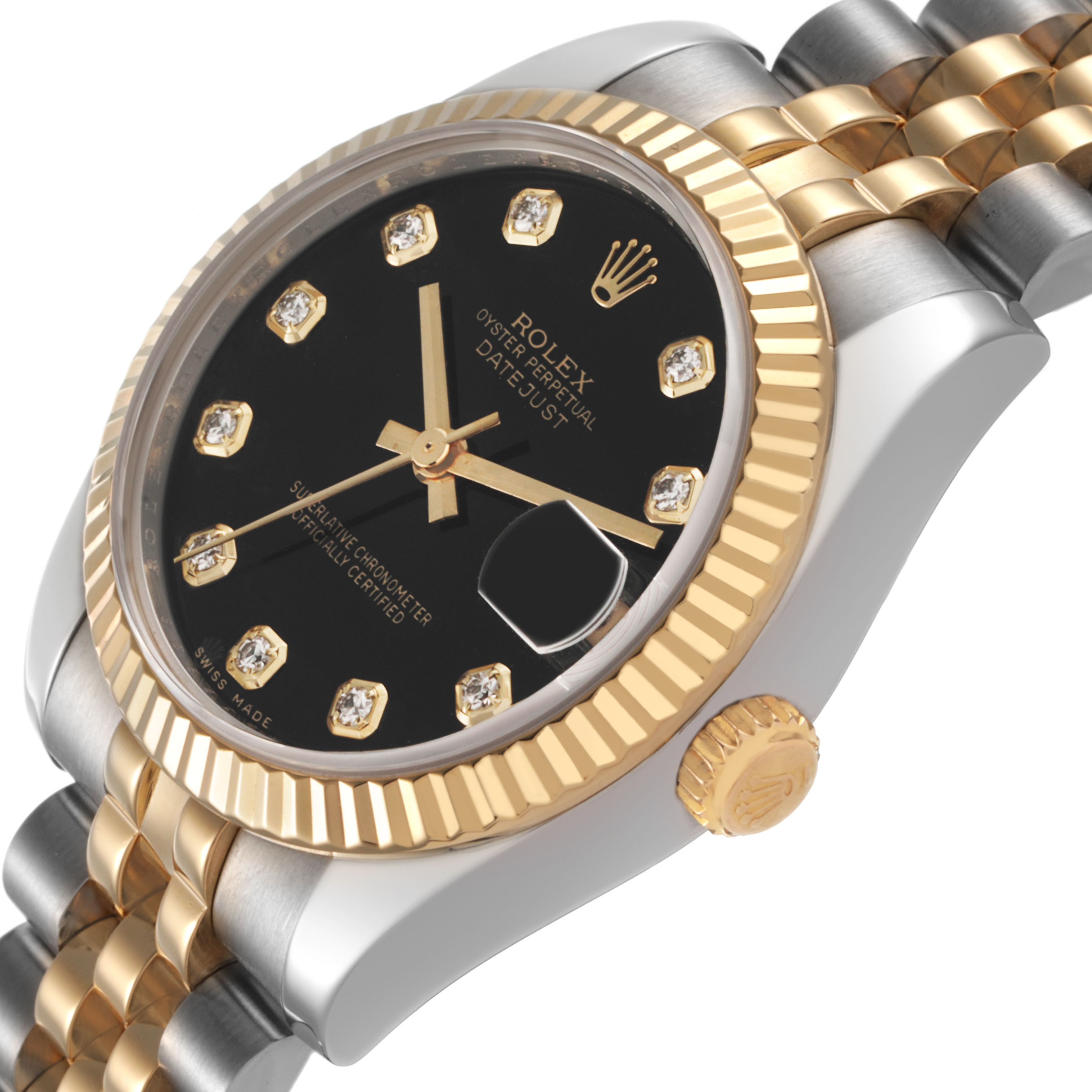 This Rolex Datejust 178273 Women's Steel and Gold (two tone) Black Dial watch is shown at a three-quarter angle, highlighting the dial, bezel, crown, and bracelet.