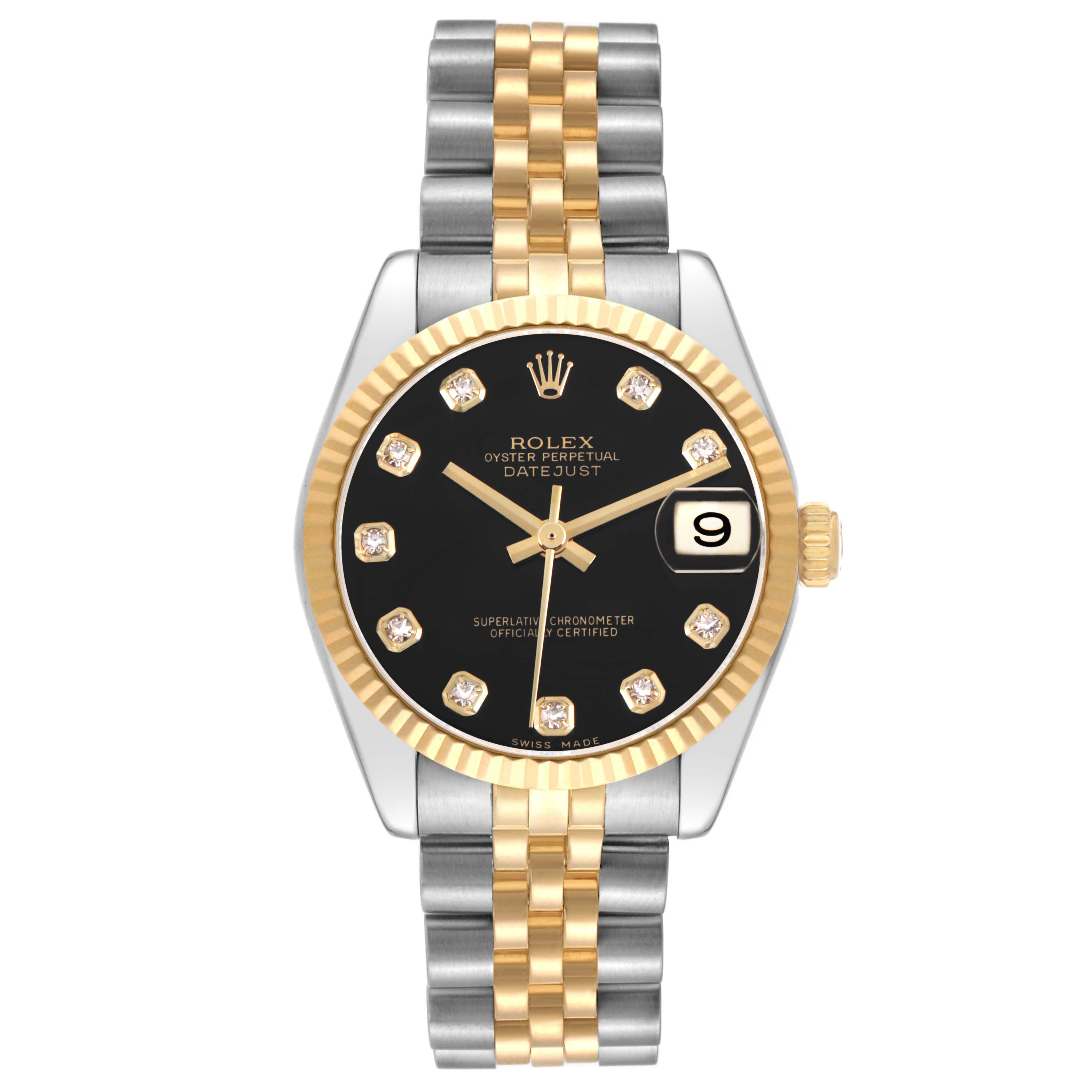 The Rolex Datejust 178273 Women's Steel and Gold (two tone) Black Dial watch is shown from a top view, highlighting the dial, bezel, crown, and bracelet.