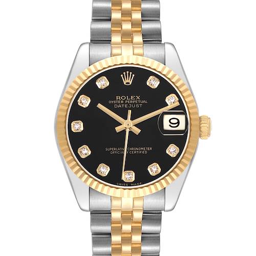 The Rolex Datejust 178273 Women's Steel and Gold (two tone) Black Dial watch is shown from the front, highlighting the black dial, diamond hour markers, fluted bezel, and two-tone bracelet.