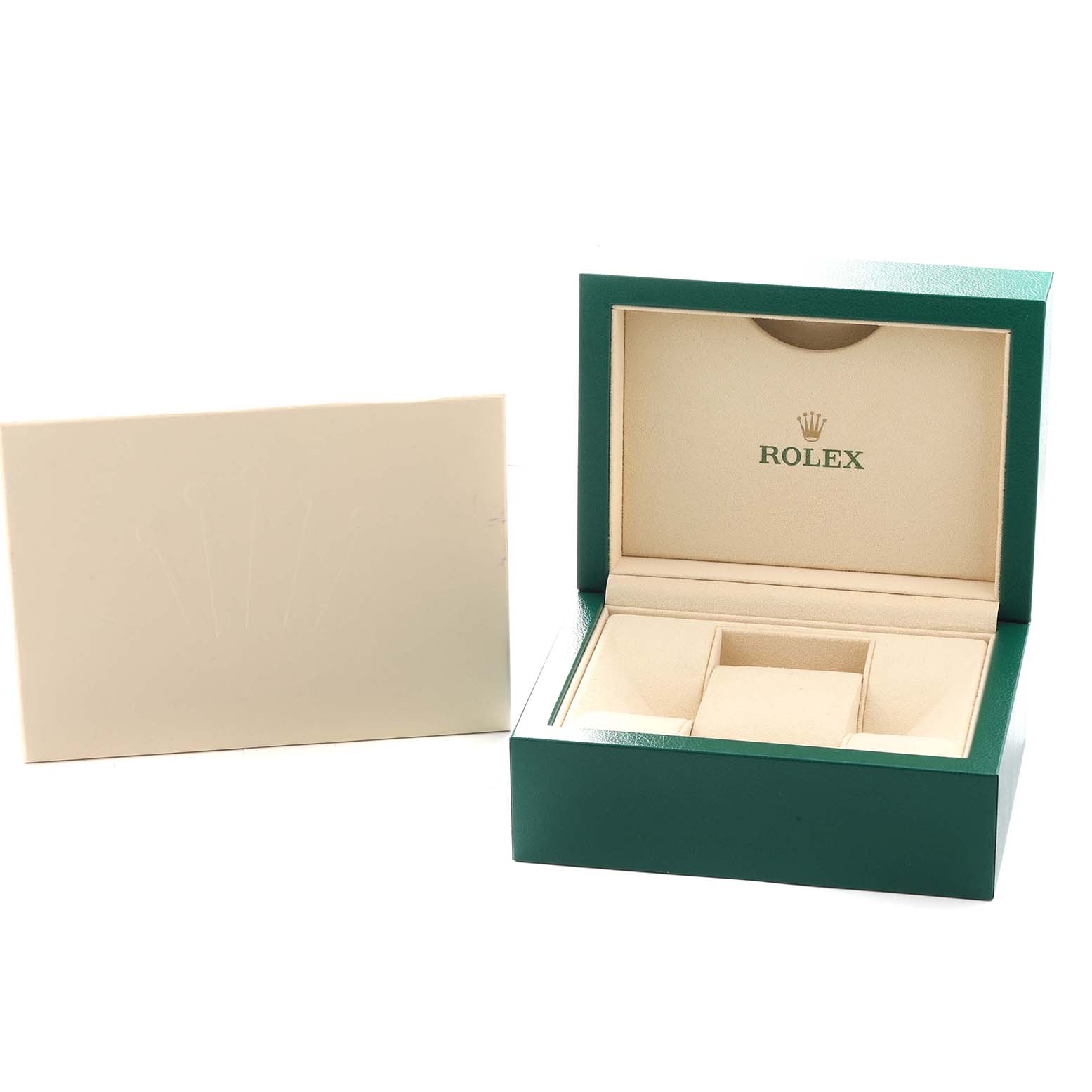 The image shows an open Rolex Datejust 278273 Men
s Stainless Steel Champagne Dial box from a front angle, with a beige card beside it.