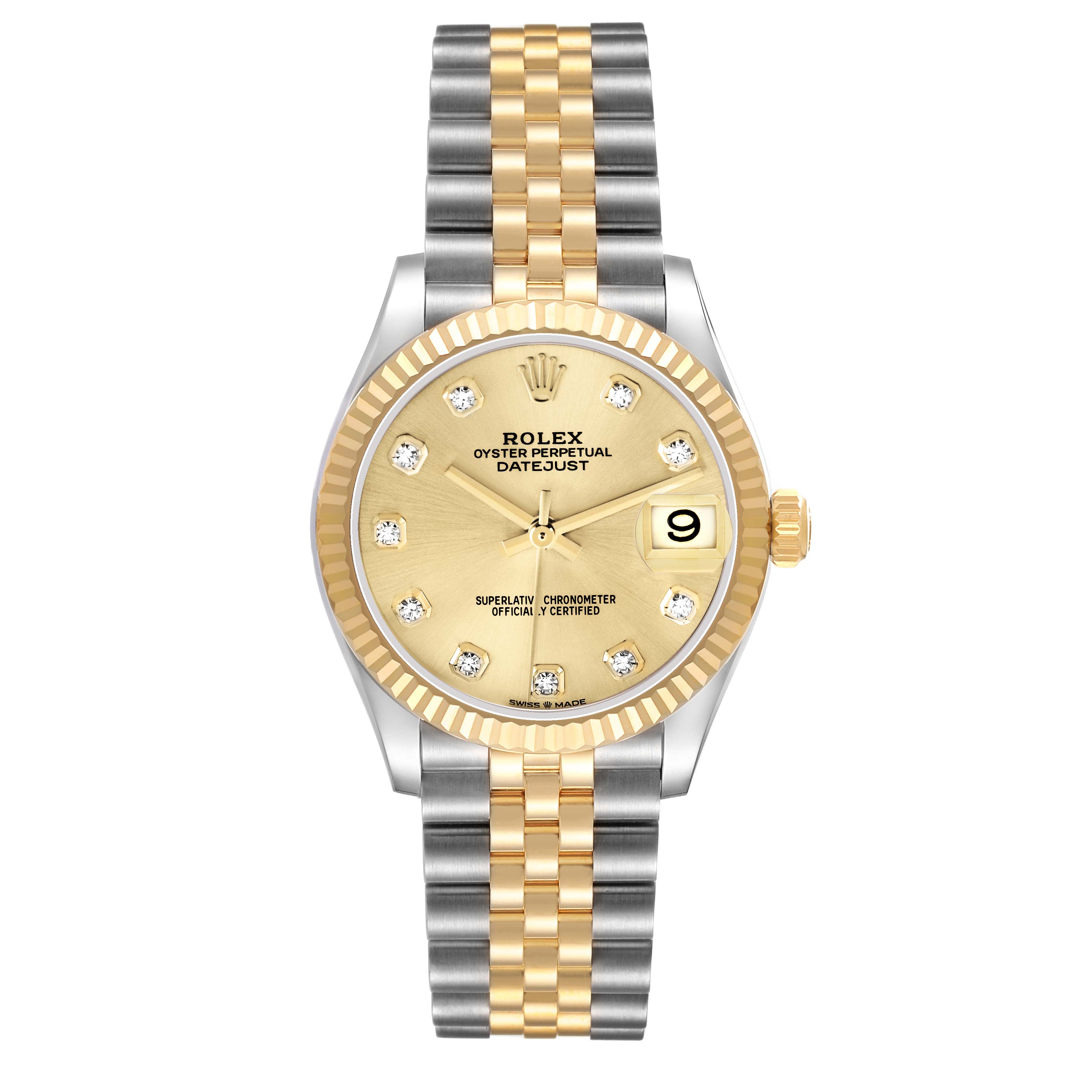 The Rolex Datejust 278273 Men
s Stainless Steel Champagne Dial is shown from a top-down angle, highlighting its dial, bezel, and Jubilee bracelet.