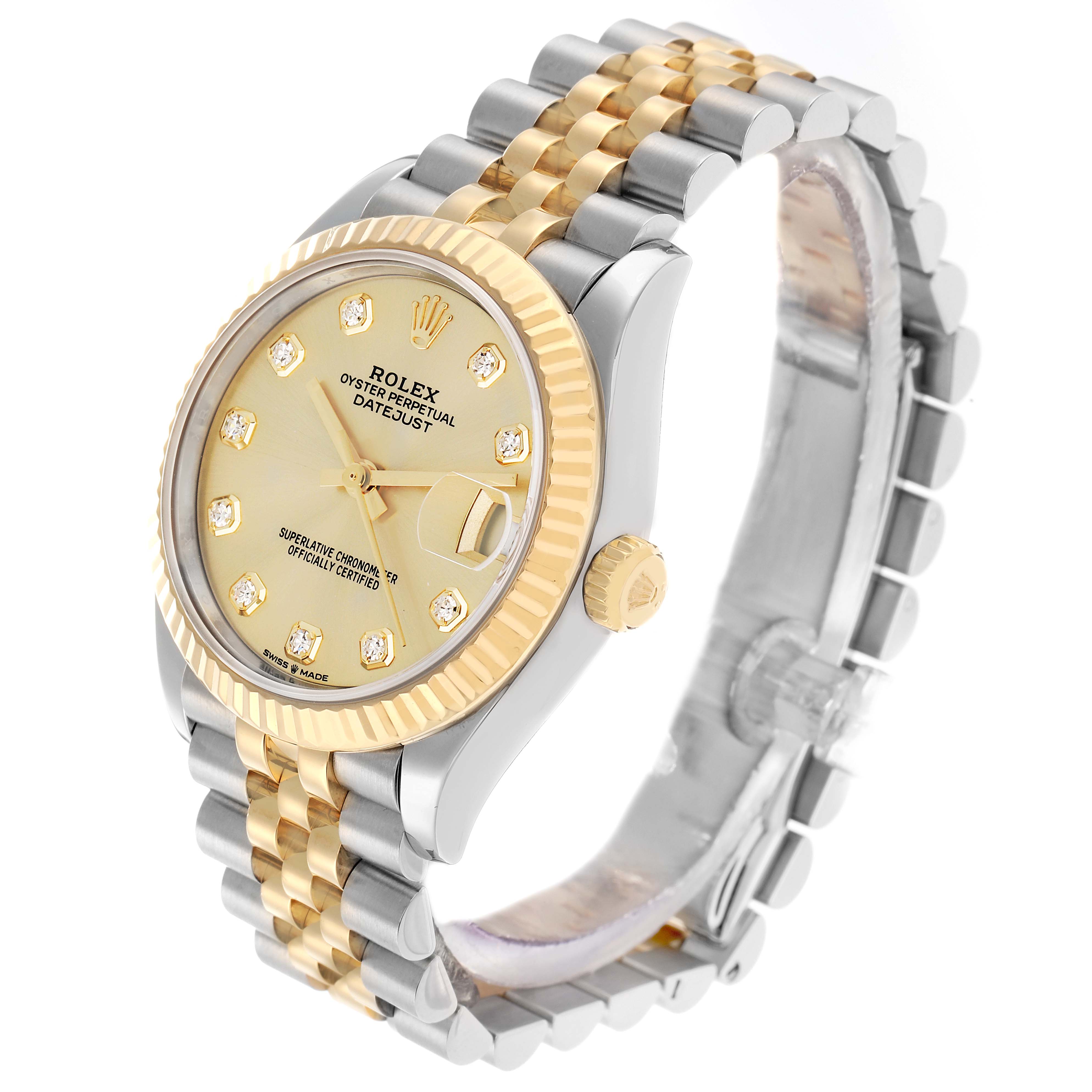 The Rolex Datejust 278273 Men
s Stainless Steel Champagne Dial watch is shown at an angled side view, displaying the gold and silver jubilee bracelet, dial, bezel, and crown.