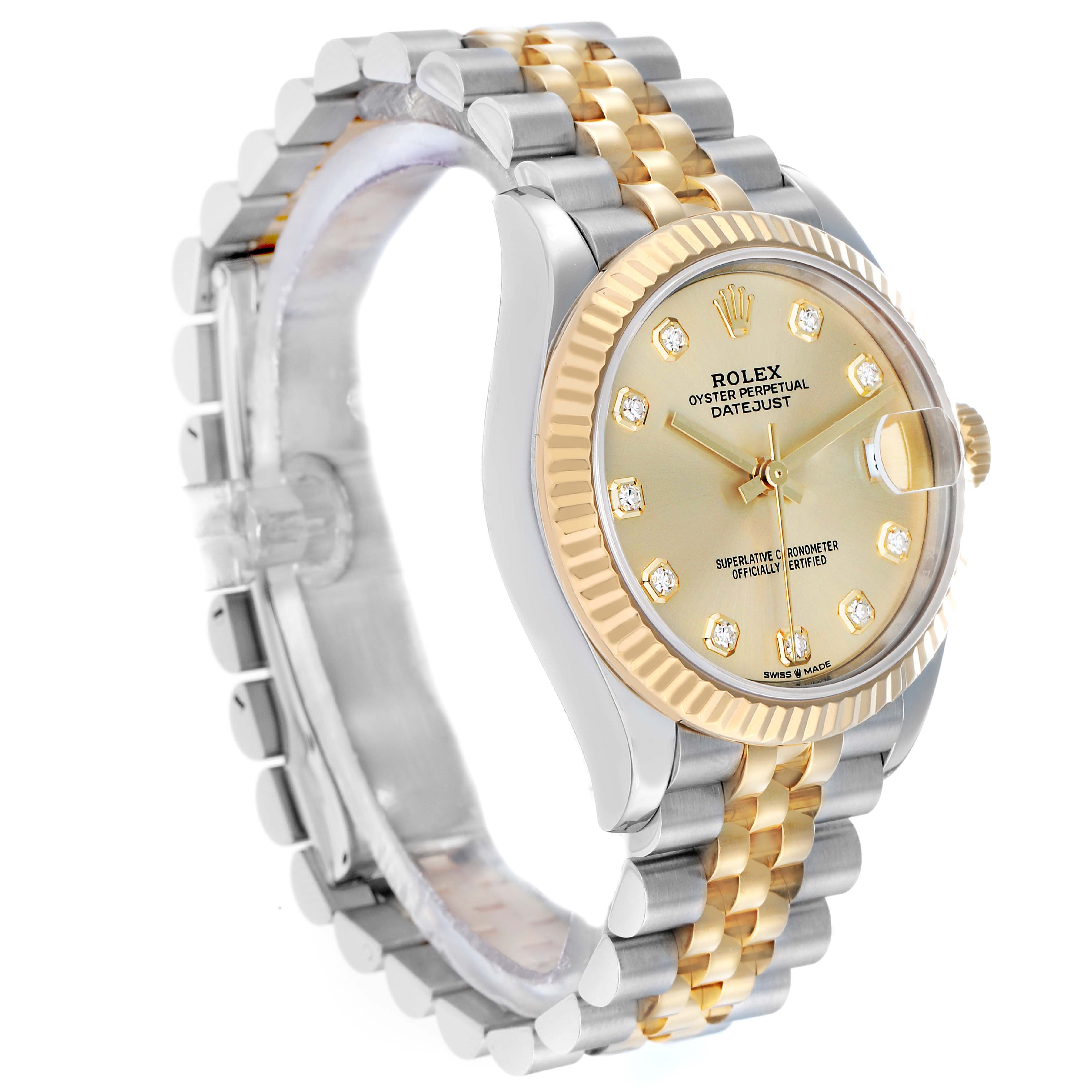 The Rolex Datejust 278273 Men
s Stainless Steel Champagne Dial watch is shown at a three-quarter angle, displaying the face, fluted bezel, and Jubilee bracelet.