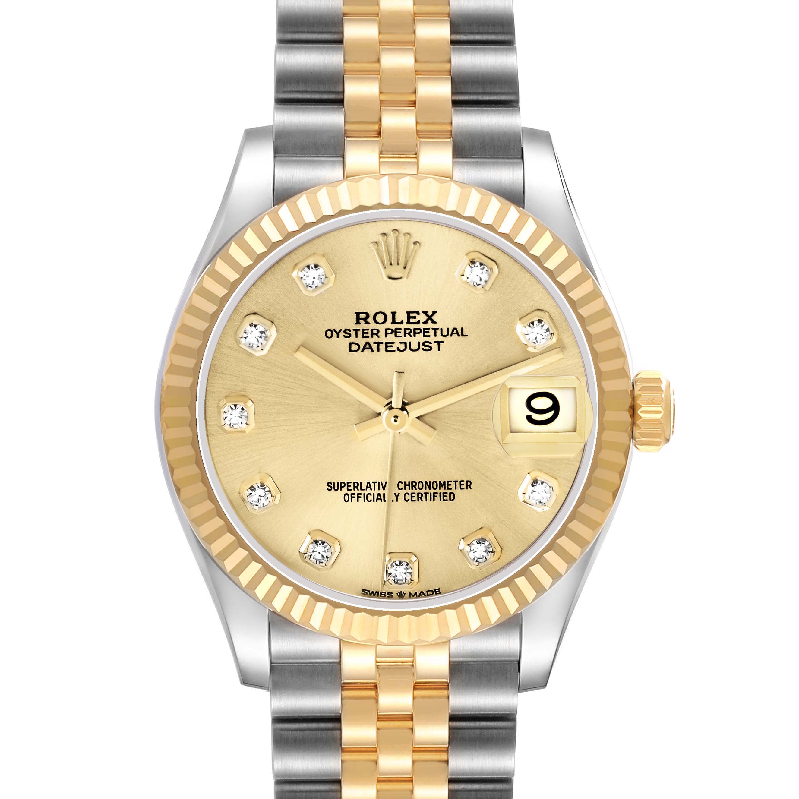 The Rolex Datejust 278273 Men
s Stainless Steel Champagne Dial watch is shown from the front, highlighting the dial, bezel, hands, crown, and bracelet.