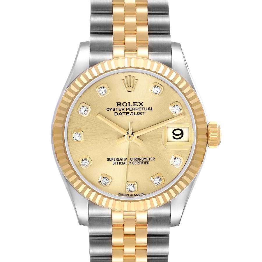 The Rolex Datejust 278273 Men's Stainless Steel Champagne Dial watch is shown from the front, highlighting the dial, bezel, hands, crown, and bracelet.