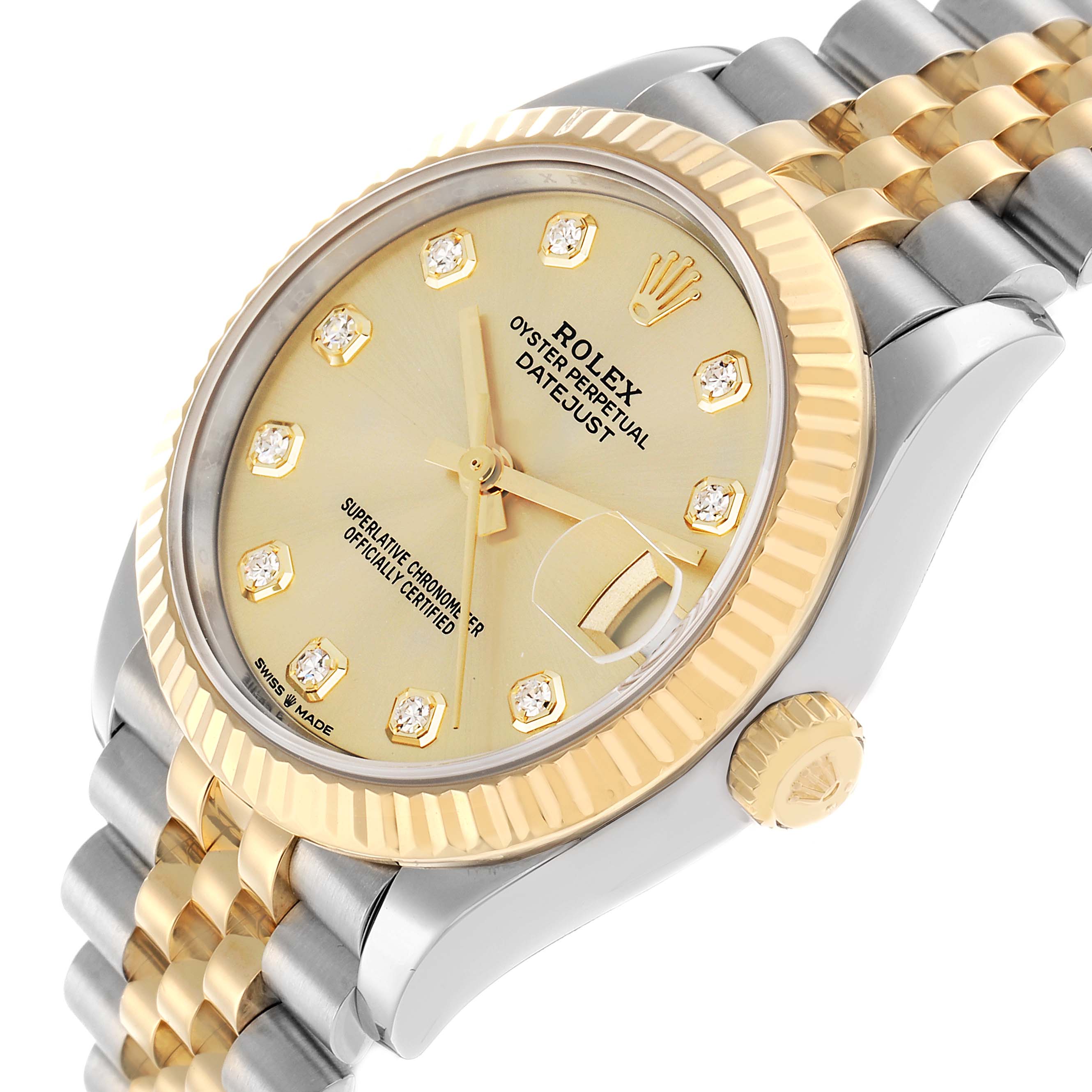 The Rolex Datejust 278273 Men
s Stainless Steel Champagne Dial watch is shown at an angled view, highlighting the dial, bezel, and part of the bracelet.