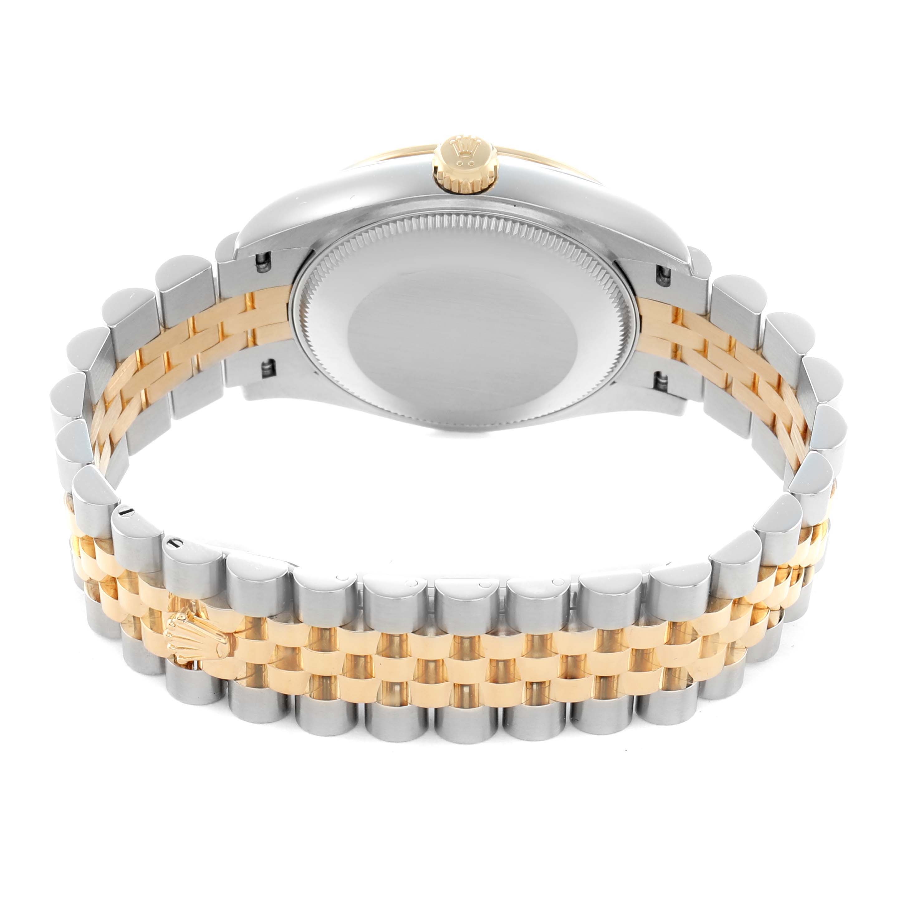 The image shows the back view of a Rolex Datejust 278273 Men
s Stainless Steel Champagne Dial, highlighting the case back, crown, and two-tone Jubilee bracelet.
