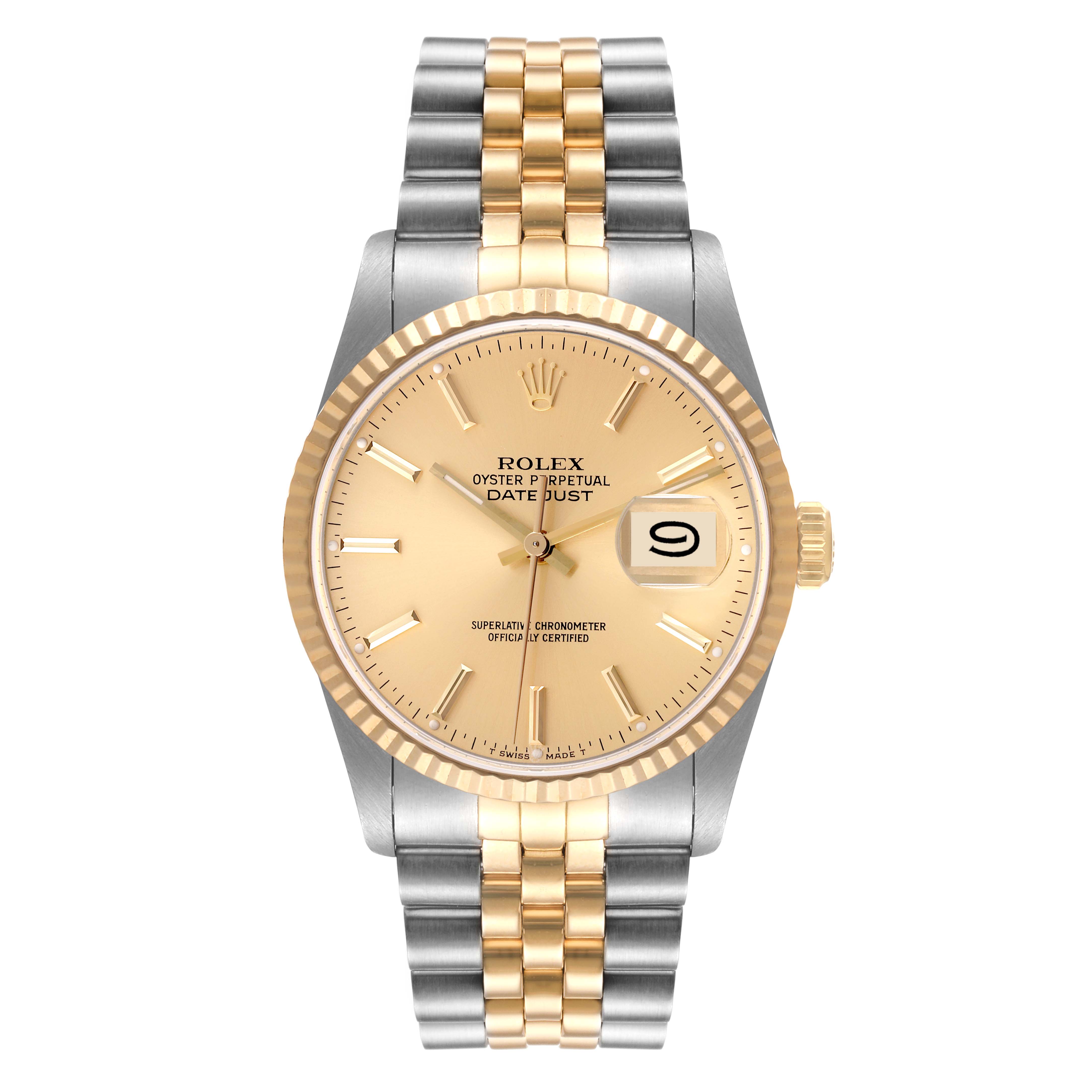 This image shows a front view of the Rolex Datejust 16233 Men's Steel and Gold (two tone) Champagne Dial 16233 Men's Steel and Gold (two tone) Champagne Dial watch, featuring a two-tone bracelet and a champagne-colored dial with a date display.