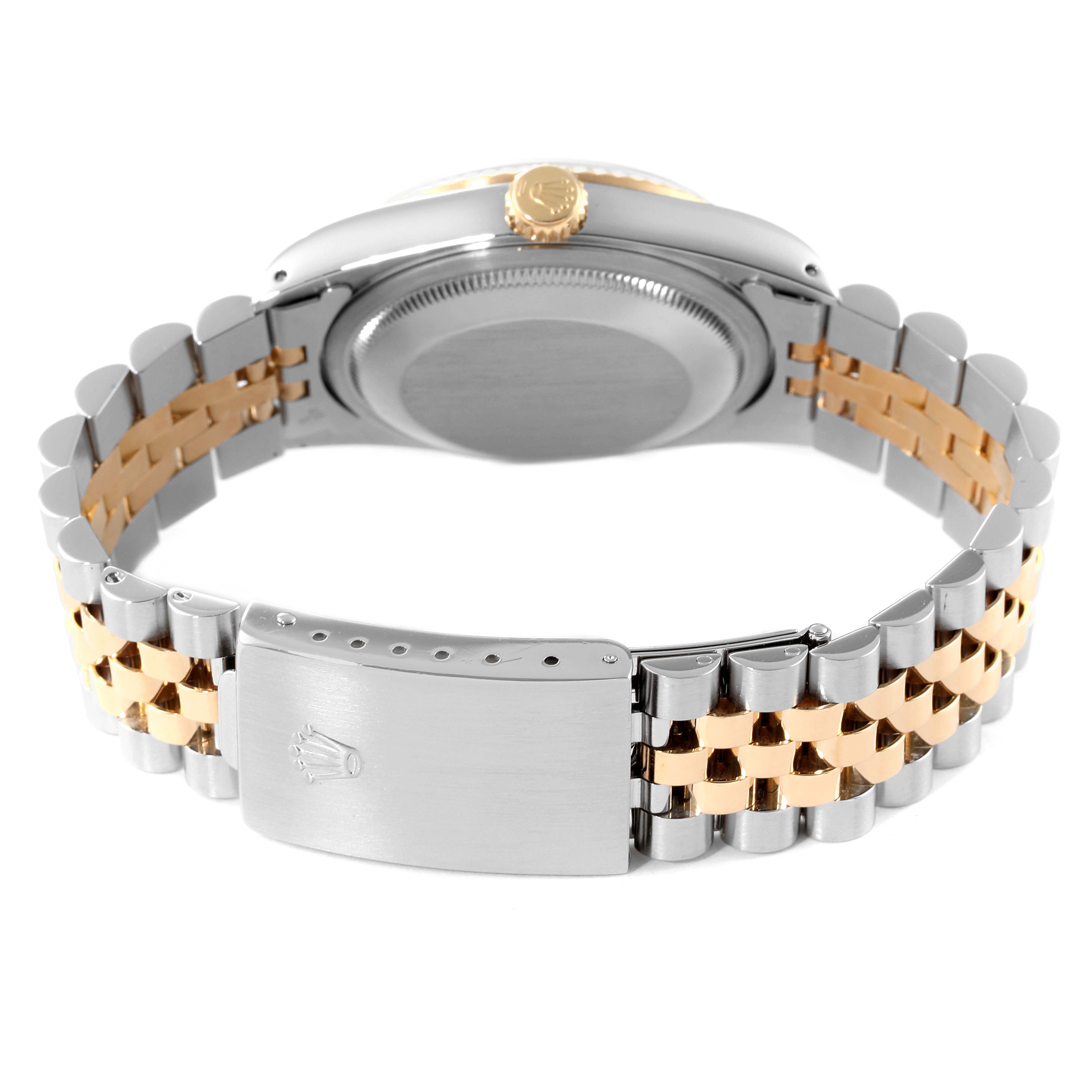 This image shows the back view of a Rolex Datejust 16233 Men's Steel and Gold (two tone) Champagne Dial 16233 Men's Steel and Gold (two tone) Champagne Dial watch, focusing on its bi-color bracelet and clasp.