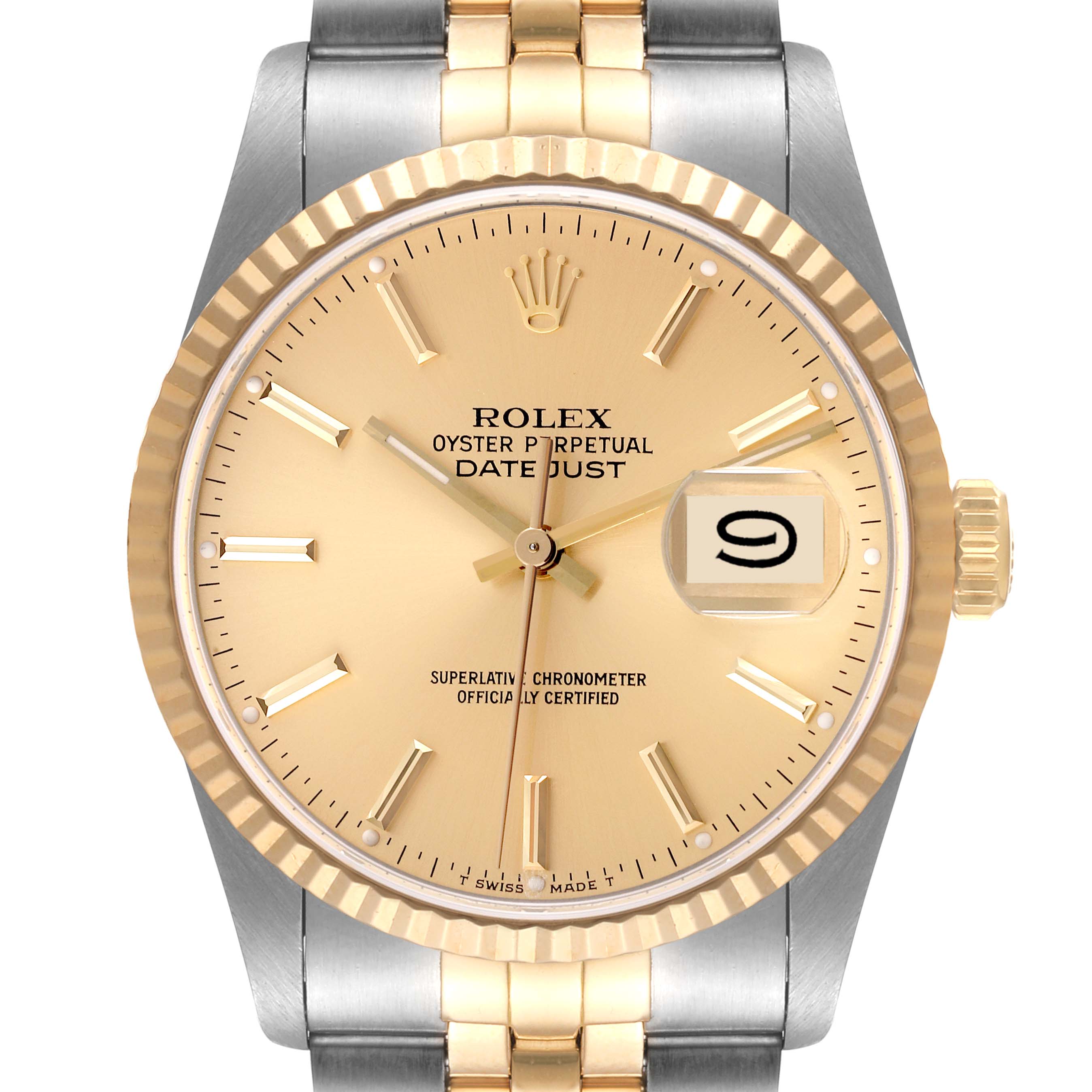 The image shows a front view of a Rolex Datejust 16233 Men's Steel and Gold (two tone) Champagne Dial 16233 Men's Steel and Gold (two tone) Champagne Dial watch, highlighting the dial, date window, bezel, case, and bracelet.