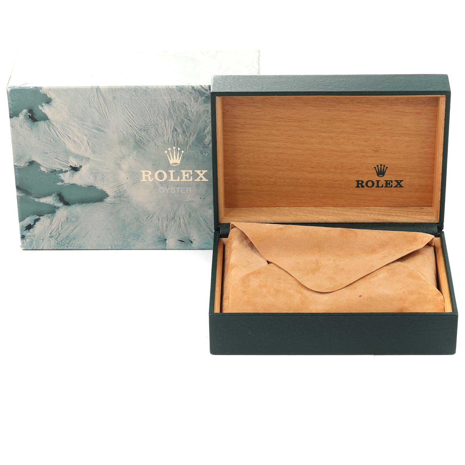 This image shows the opened packaging box and pouch for a Rolex Datejust 16233 Men's Steel and Gold (two tone) Champagne Dial 16233 Men's Steel and Gold (two tone) Champagne Dial watch, including the external cover and internal casing.