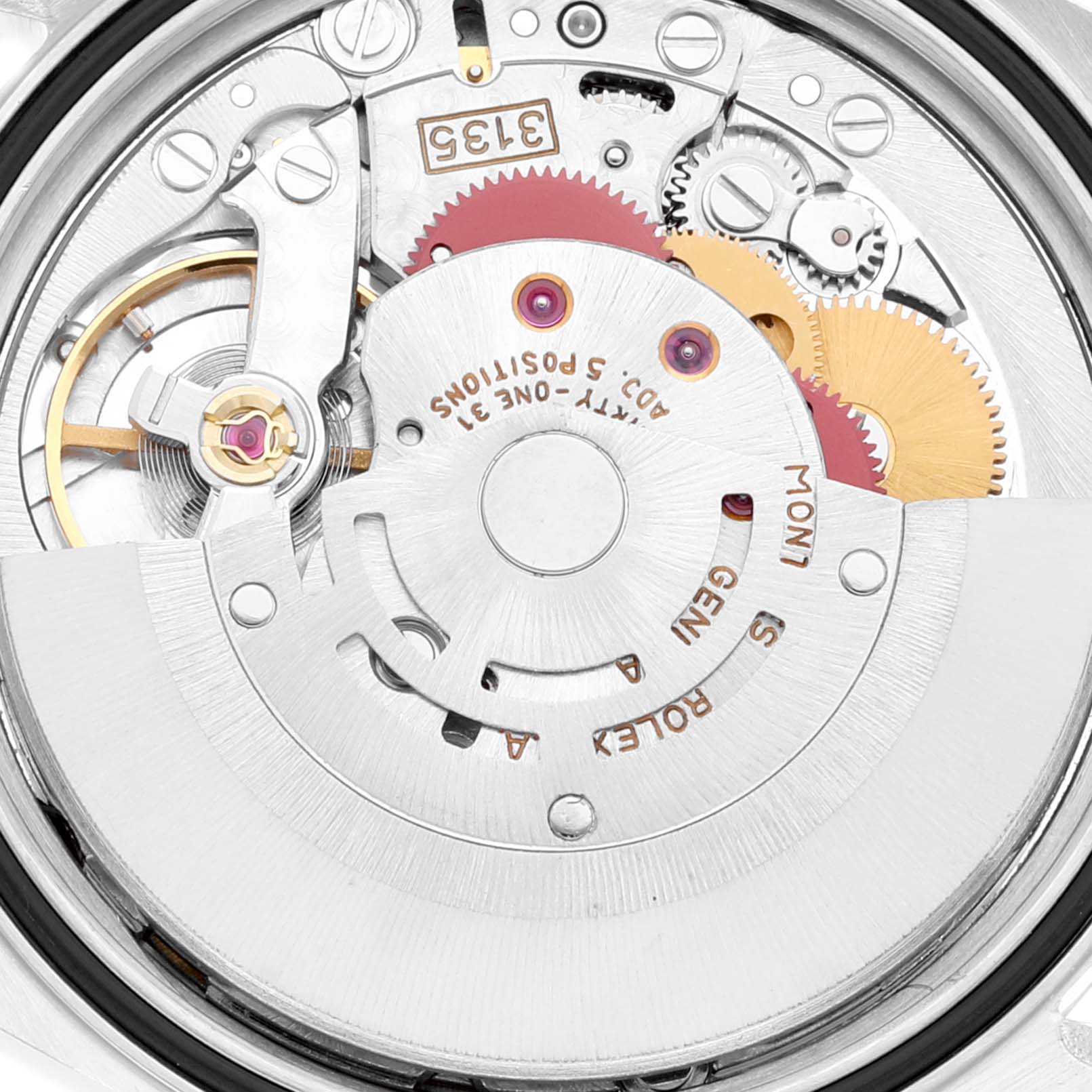 The image shows a close-up of the movement mechanism inside the Rolex Datejust 16233 Men's Steel and Gold (two tone) Champagne Dial 16233 Men's Steel and Gold (two tone) Champagne Dial watch.