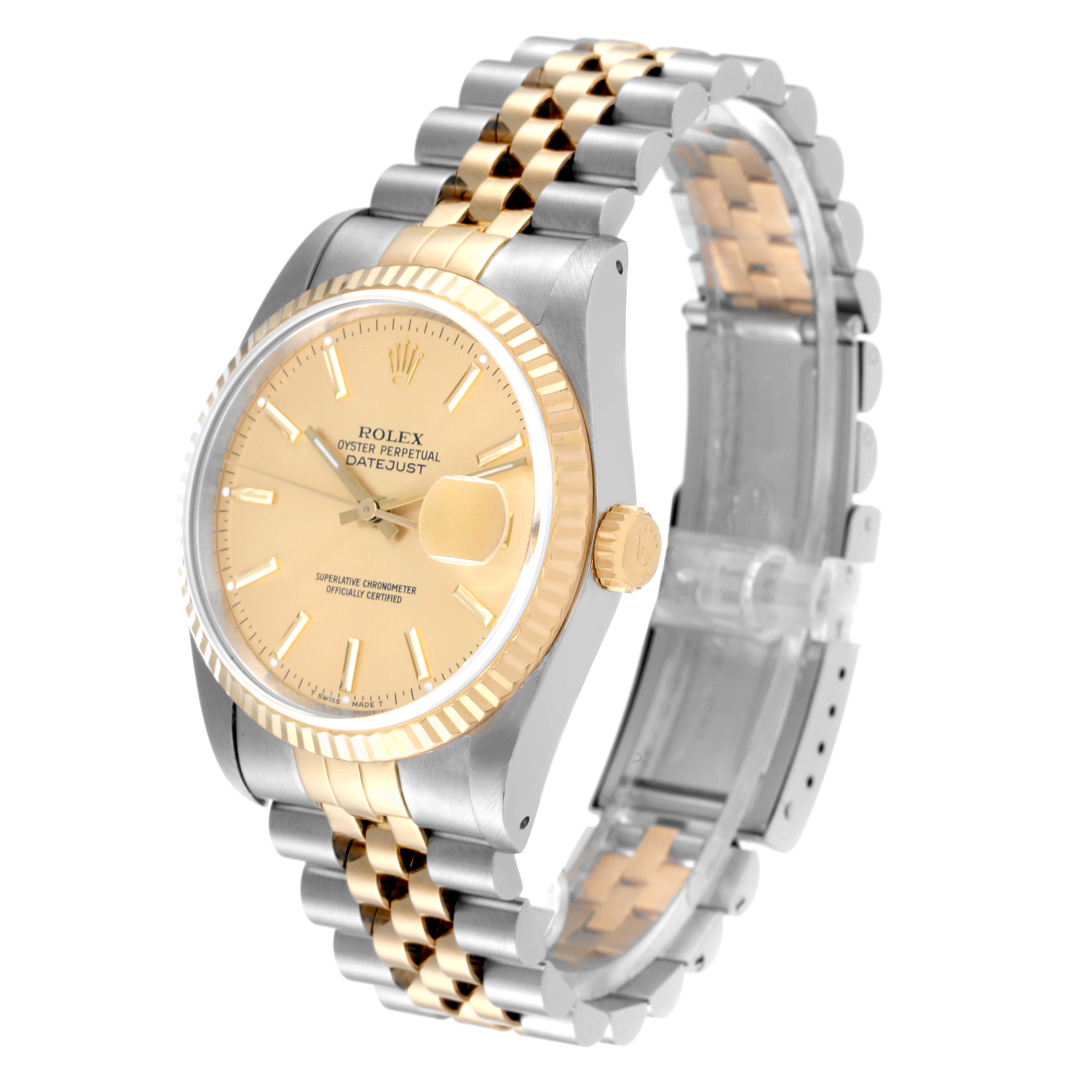 The Rolex Datejust 16233 Men's Steel and Gold (two tone) Champagne Dial 16233 Men's Steel and Gold (two tone) Champagne Dial watch is shown at a three-quarter angle, displaying its gold dial, fluted bezel, and two-tone Jubilee bracelet.