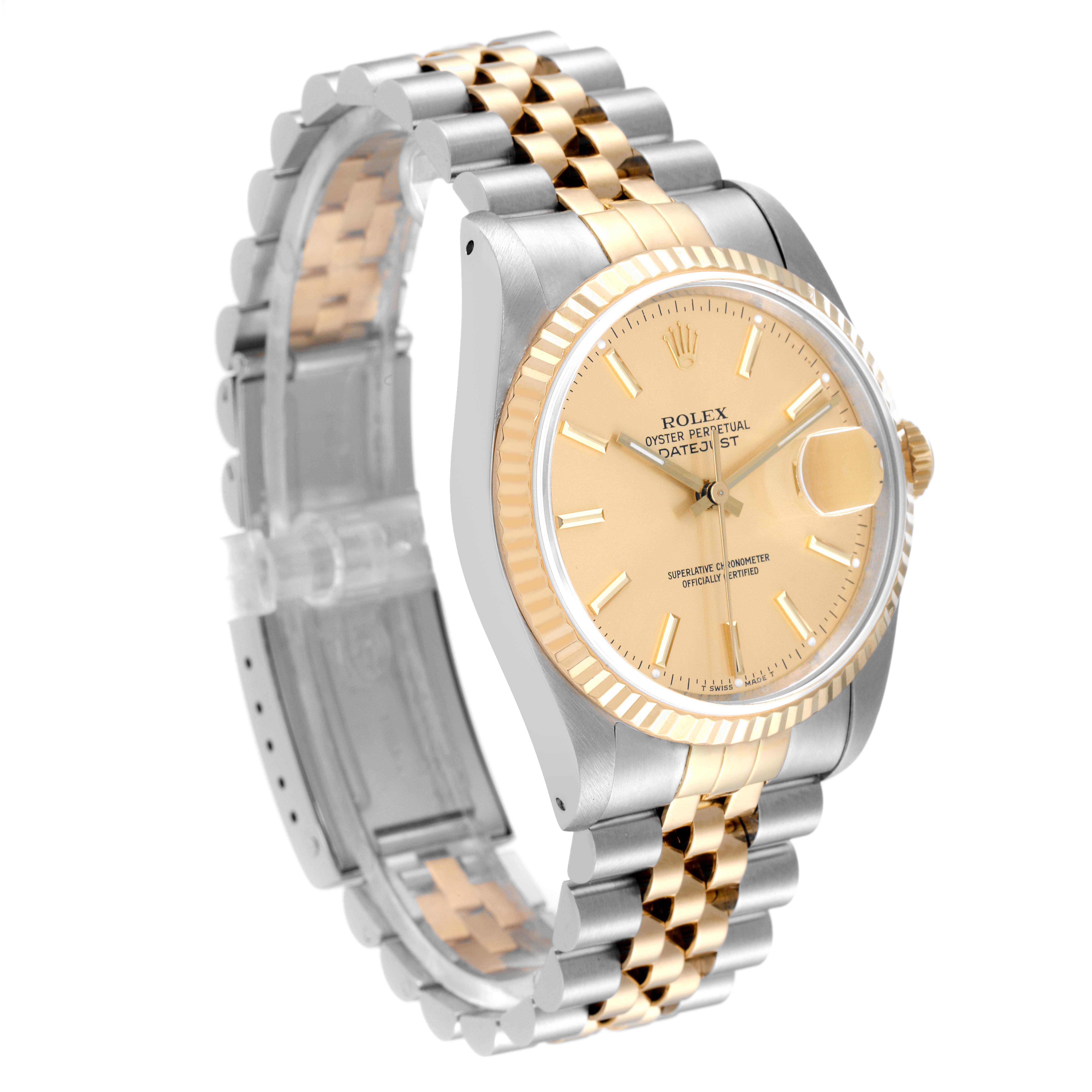 This image shows a Rolex Datejust 16233 Men's Steel and Gold (two tone) Champagne Dial 16233 Men's Steel and Gold (two tone) Champagne Dial watch from an angled side view, highlighting its face, bezel, and two-tone bracelet.