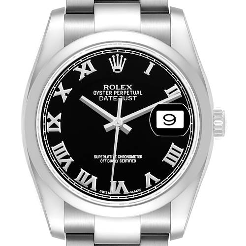 The Rolex Datejust 116200 Men's Stainless Steel Black Dial watch is shown from the front, displaying the dial, case, crown, and part of the bracelet.
