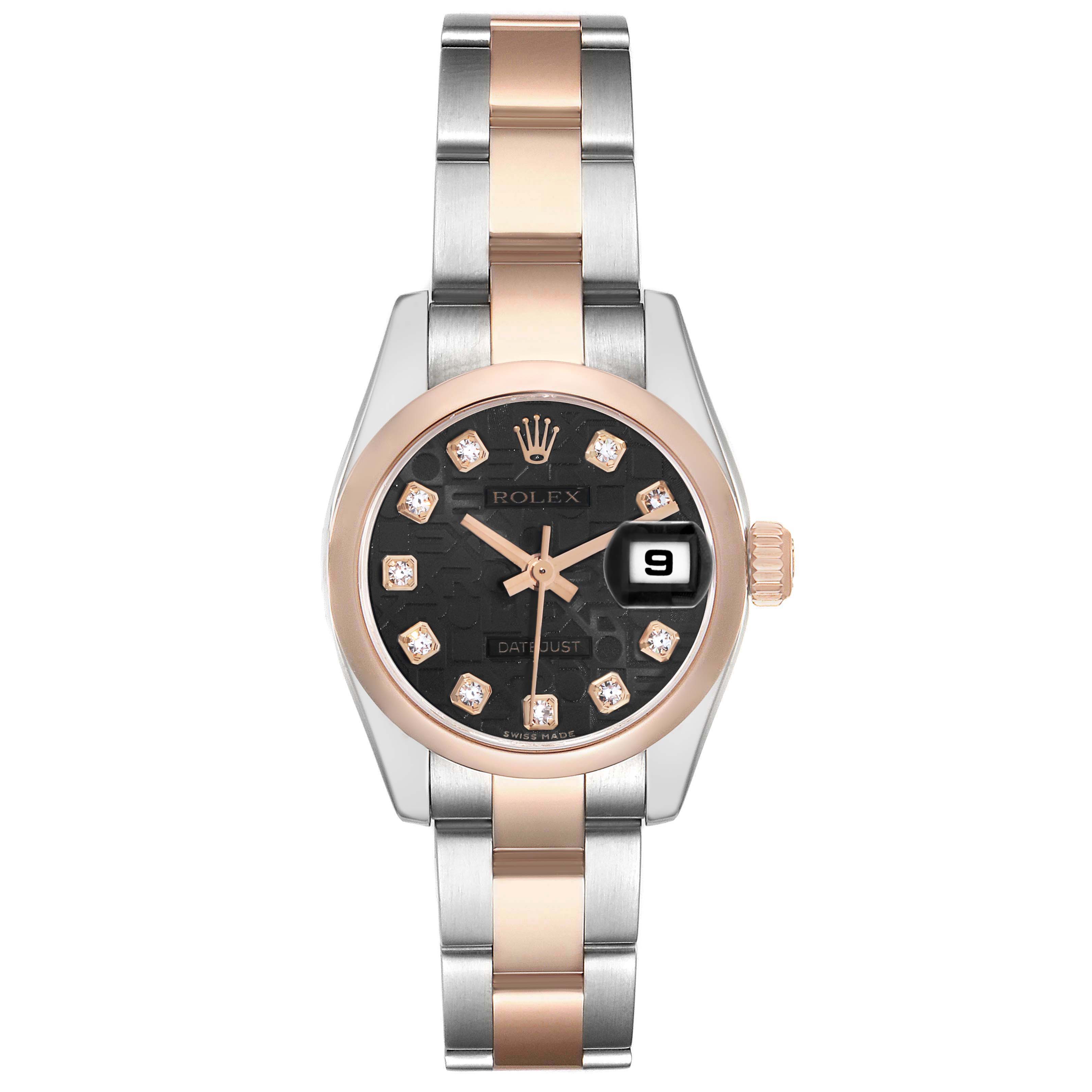 The Rolex Datejust 179161 Women
s Steel and Gold (two tone) Black Dial watch is shown from a front view, highlighting its dial, date window, crown, and two-tone bracelet.