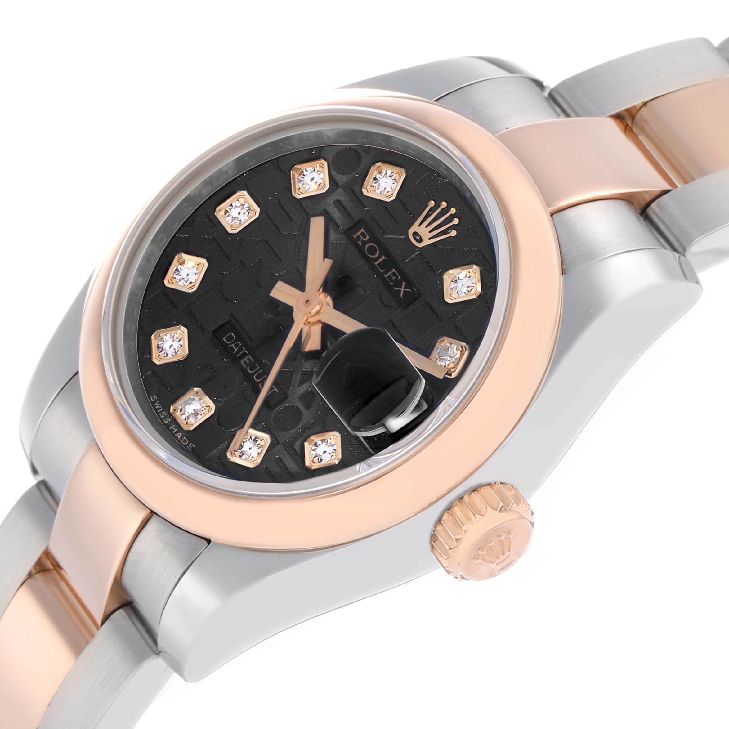 The Rolex Datejust 179161 Women
s Steel and Gold (two tone) Black Dial watch is shown at an angled view, displaying the face, crown, and bracelet links.