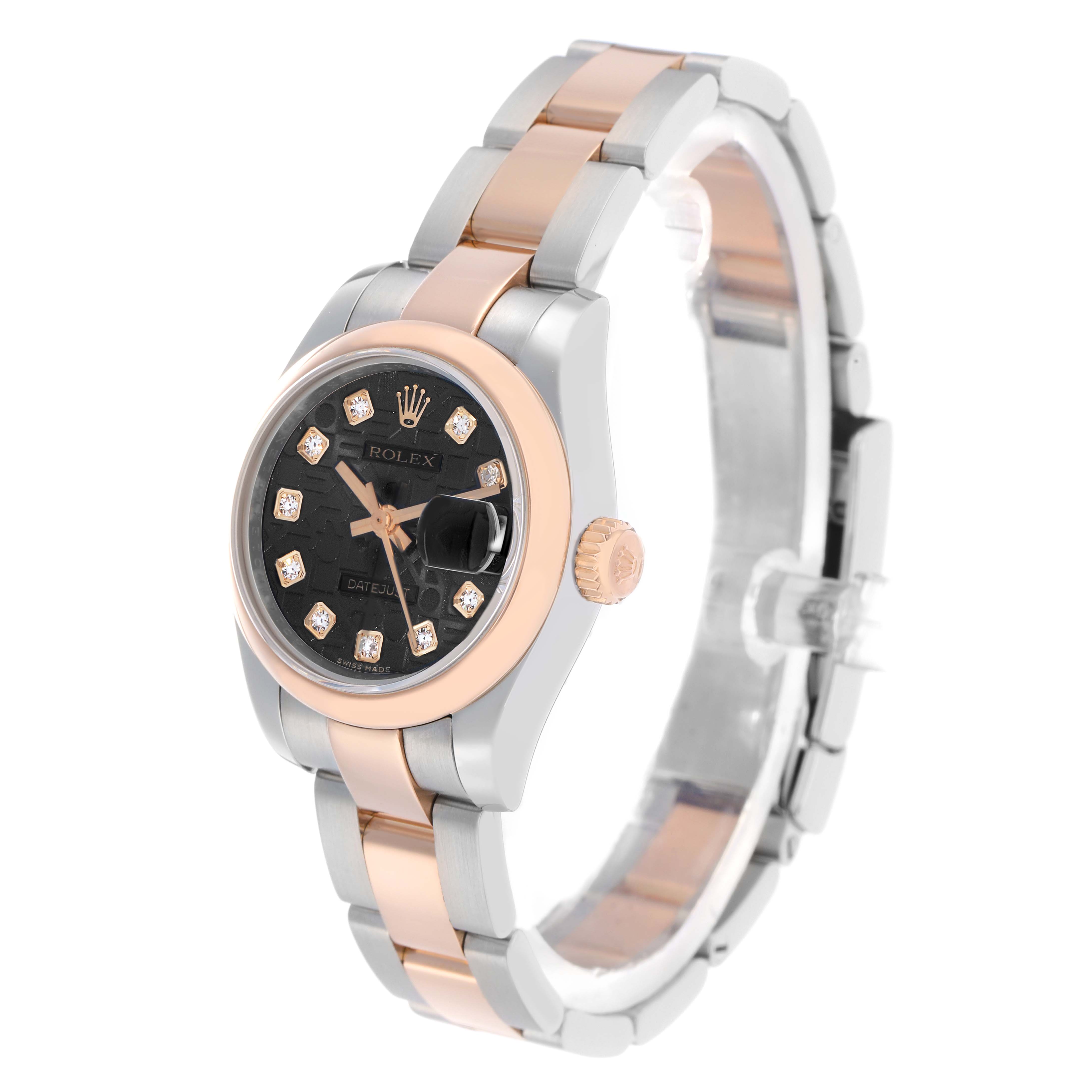 The Rolex Datejust 179161 Women
s Steel and Gold (two tone) Black Dial watch is shown at a slight angle, displaying the dial, bezel, crown, and bracelet.
