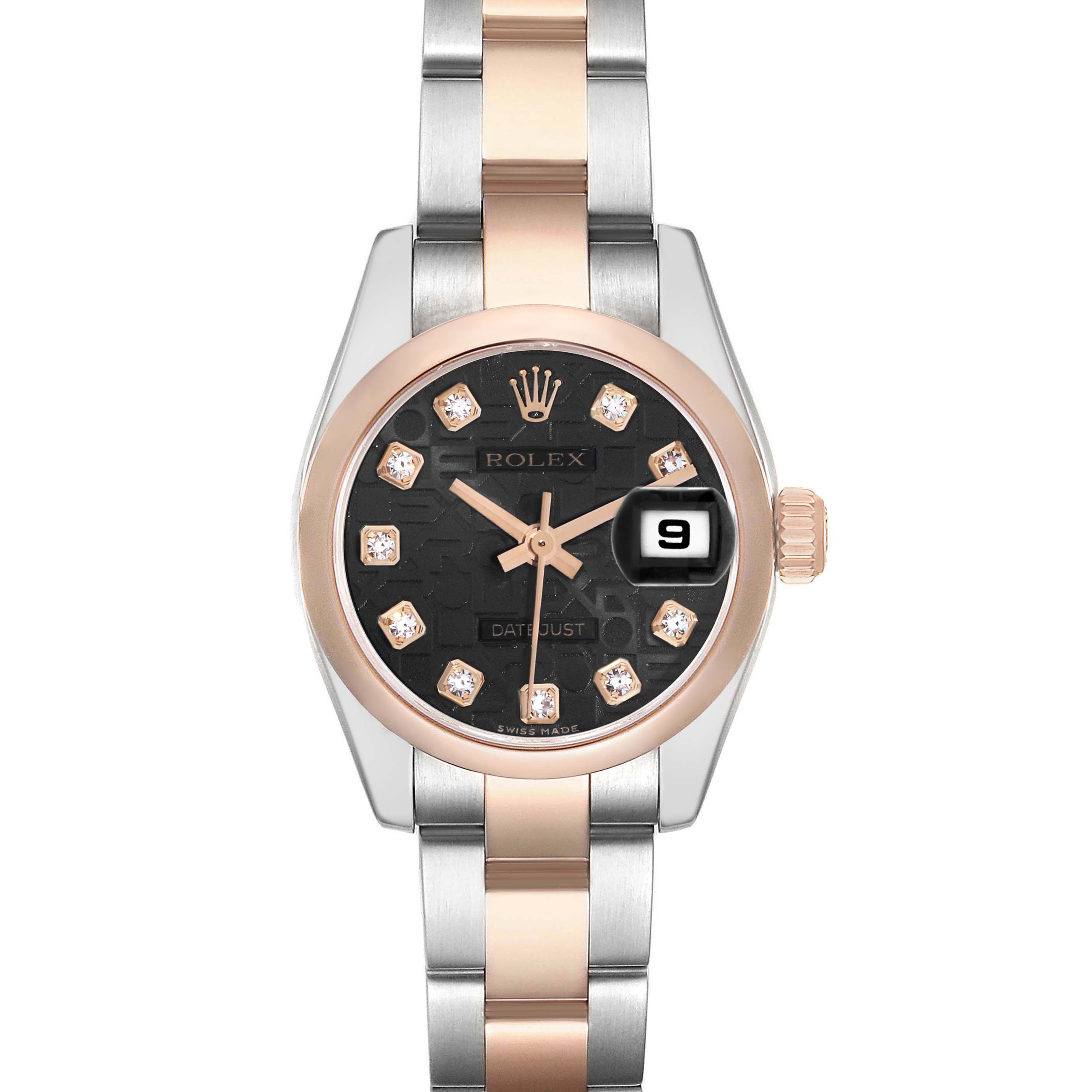 The Rolex Datejust 179161 Women
s Steel and Gold (two tone) Black Dial is shown from the front, highlighting the face, bezel, bracelet, and date magnification.