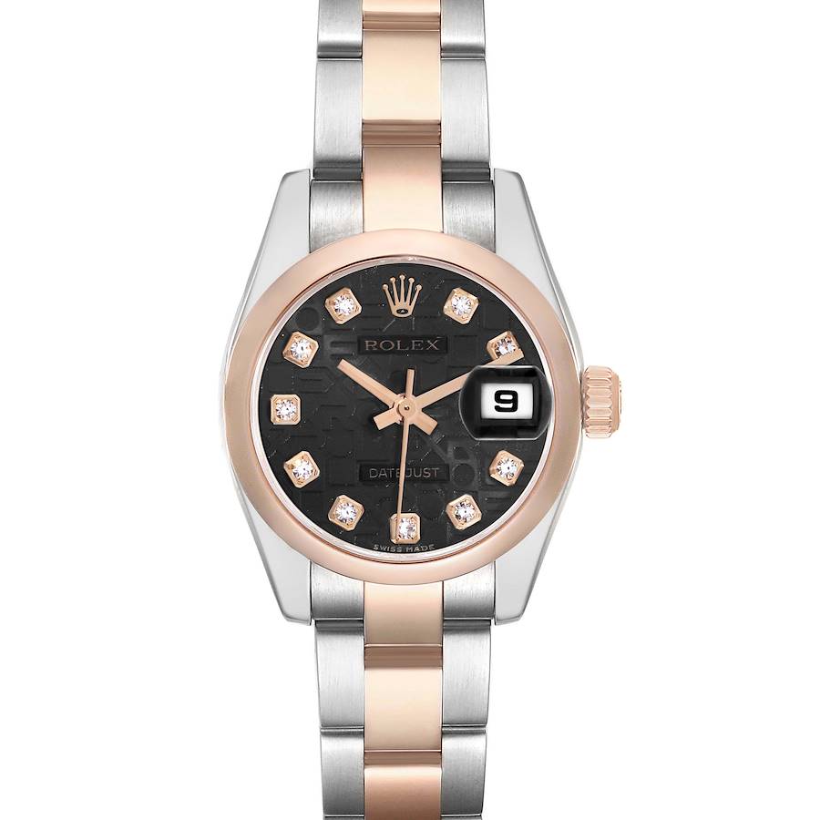 The Rolex Datejust 179161 Women's Steel and Gold (two tone) Black Dial is shown from the front, highlighting the face, bezel, bracelet, and date magnification.