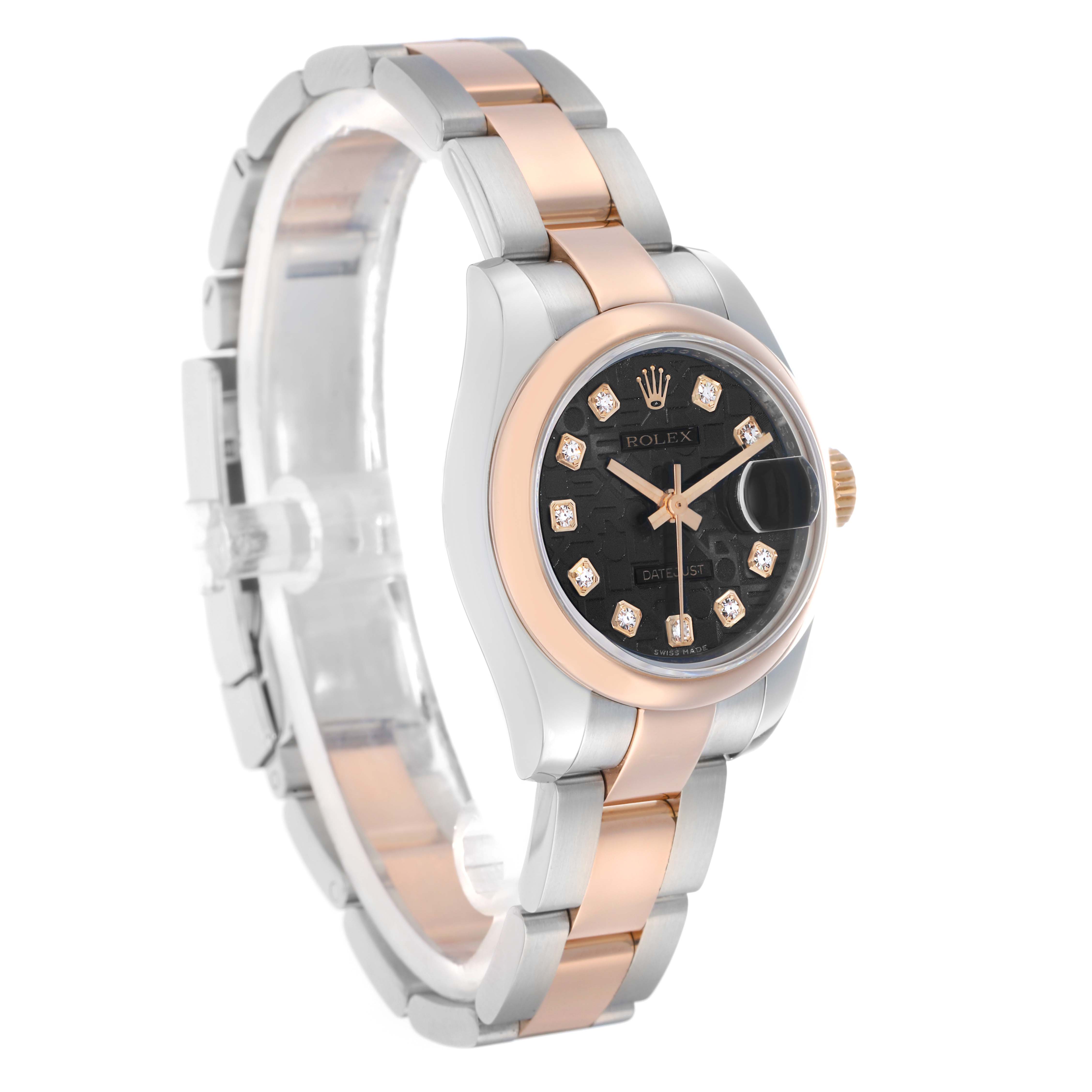 The Rolex Datejust 179161 Women
s Steel and Gold (two tone) Black Dial watch is shown at a three-quarter angle, featuring its bracelet, bezel, and dial with diamond markers.