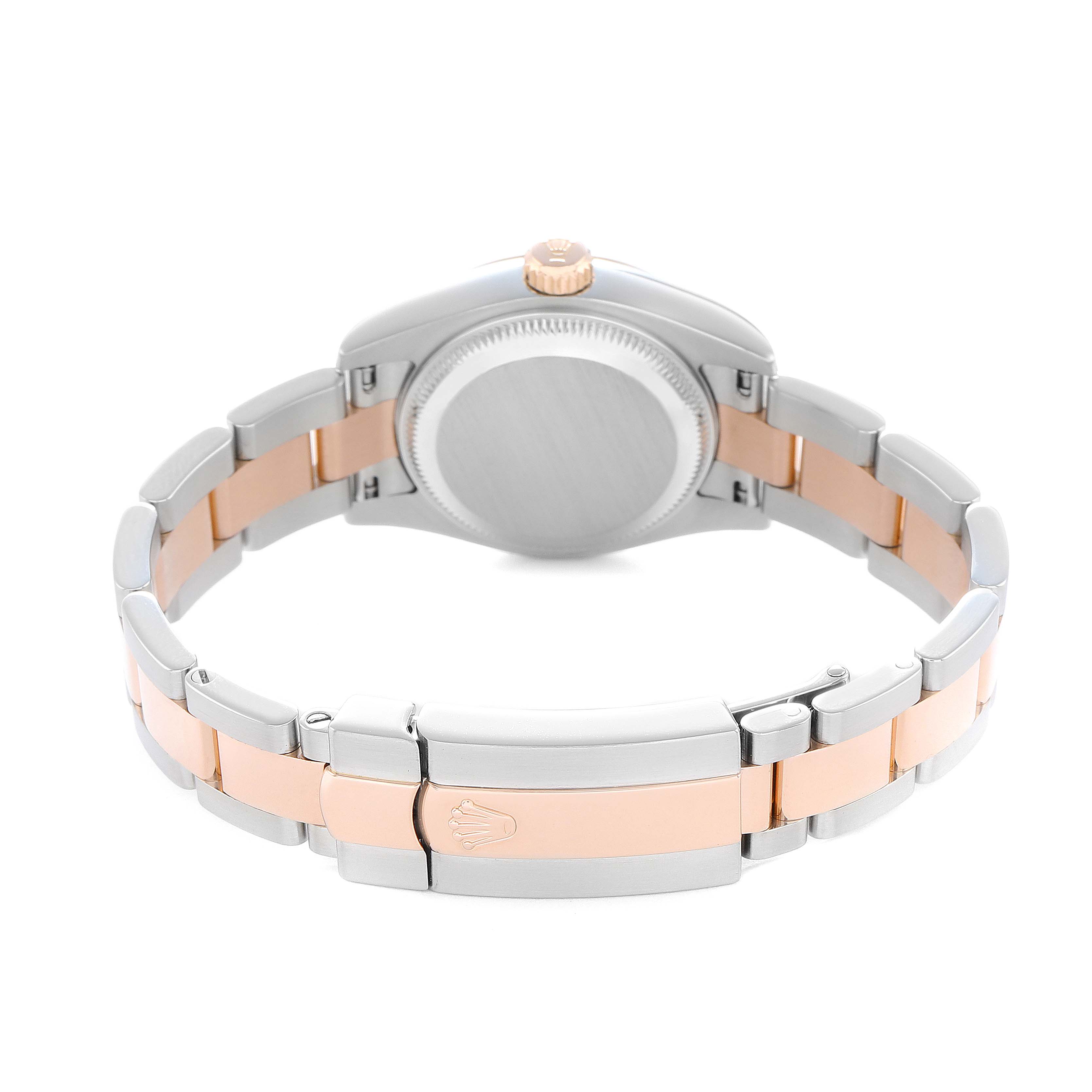 The image shows the back of a Rolex Datejust 179161 Women
s Steel and Gold (two tone) Black Dial watch, highlighting the case, crown, and two-tone bracelet.