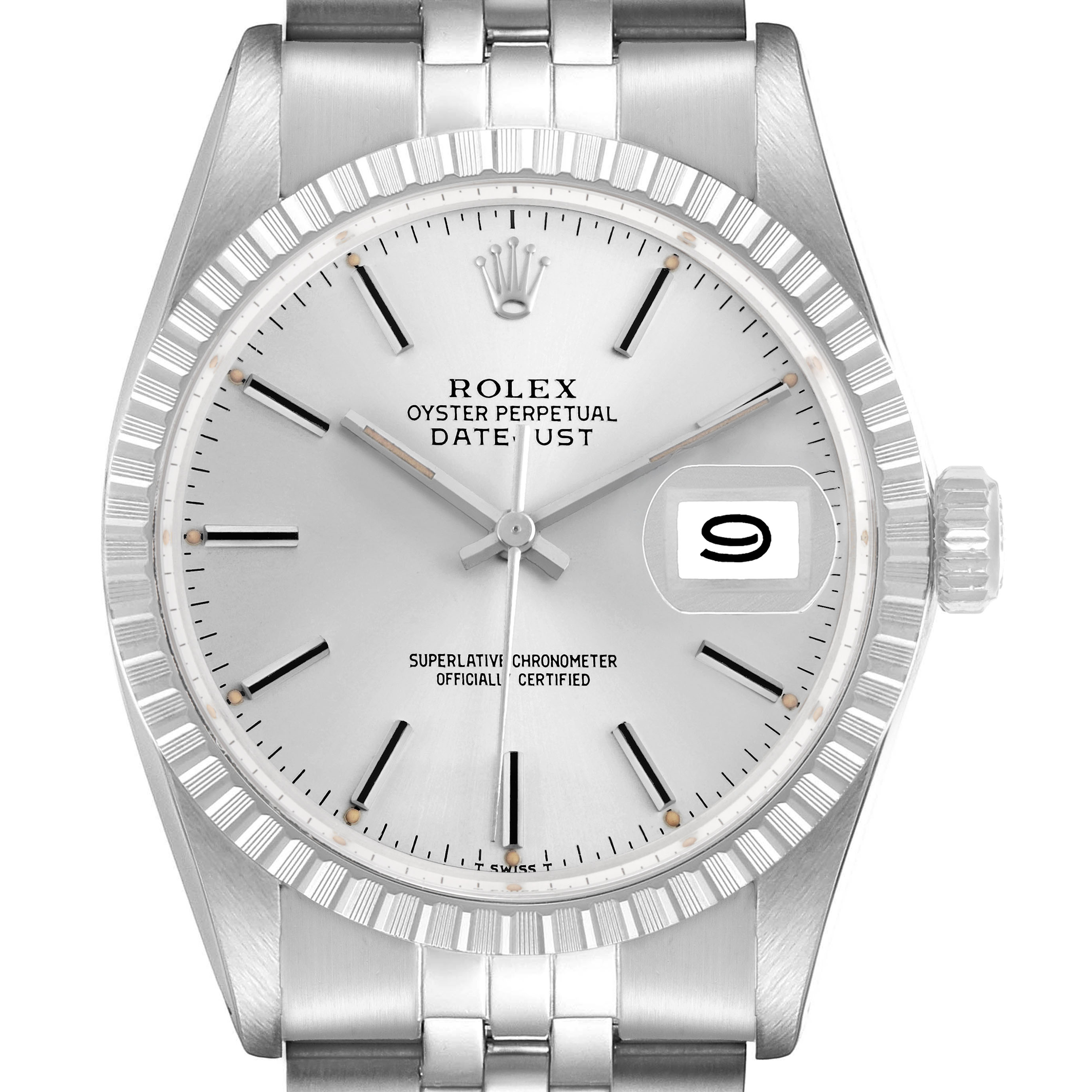 The Rolex Datejust 16030 Men's Stainless Steel Silver Dial watch is shown from a front angle, highlighting the dial, bezel, and bracelet.