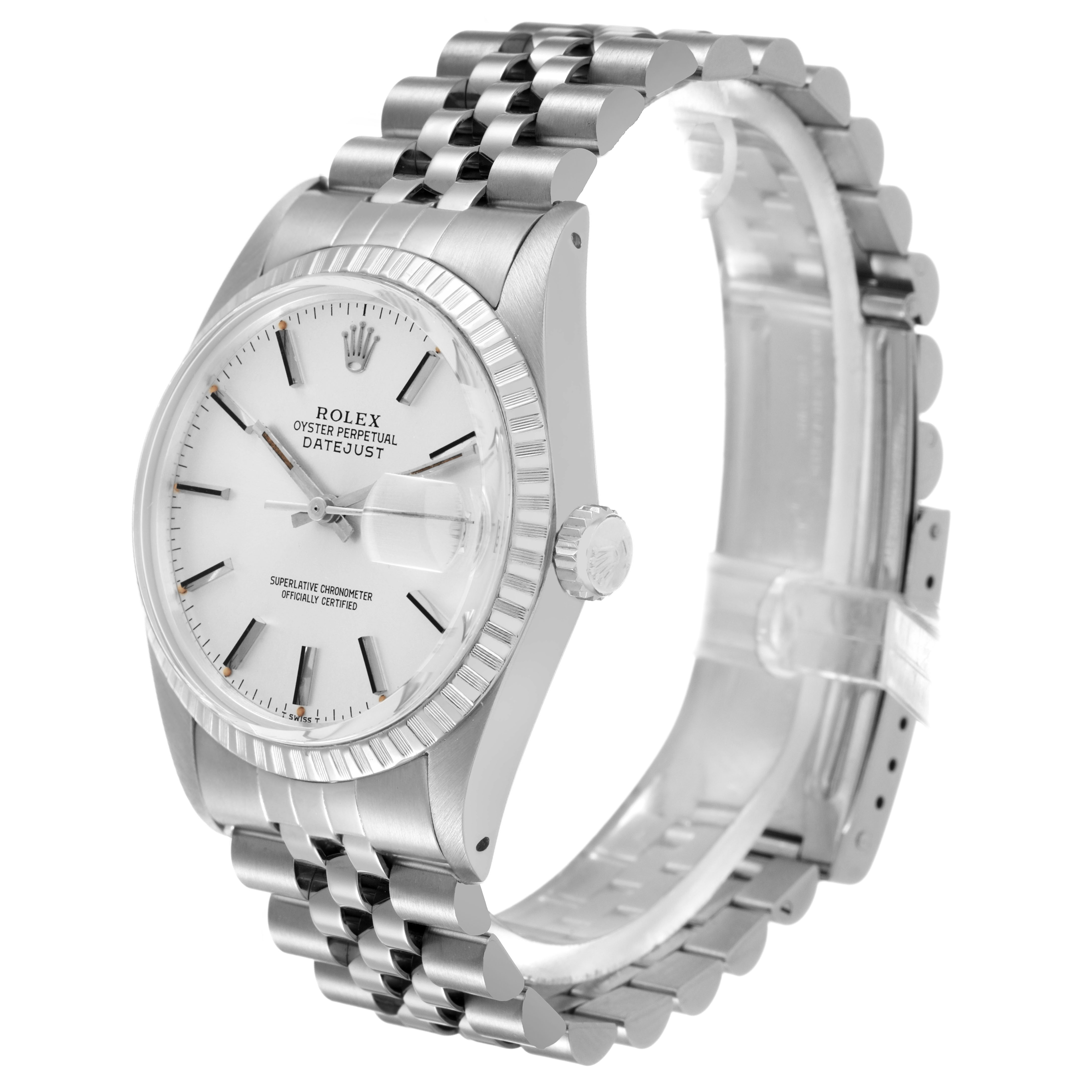 The Rolex Datejust 16030 Men's Stainless Steel Silver Dial is shown at a side angle, highlighting the dial, bezel, crown, and bracelet.