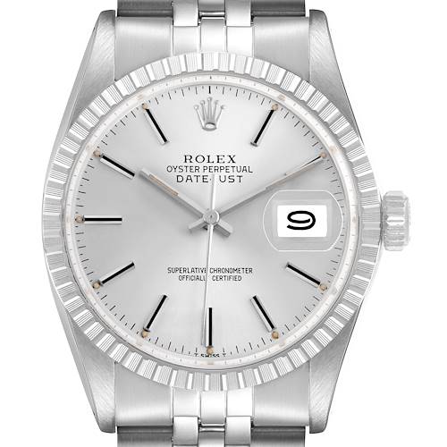 The Rolex Datejust 16030 Men's Stainless Steel Silver Dial watch is shown from a front angle, displaying the dial, fluted bezel, crown, and part of the bracelet.