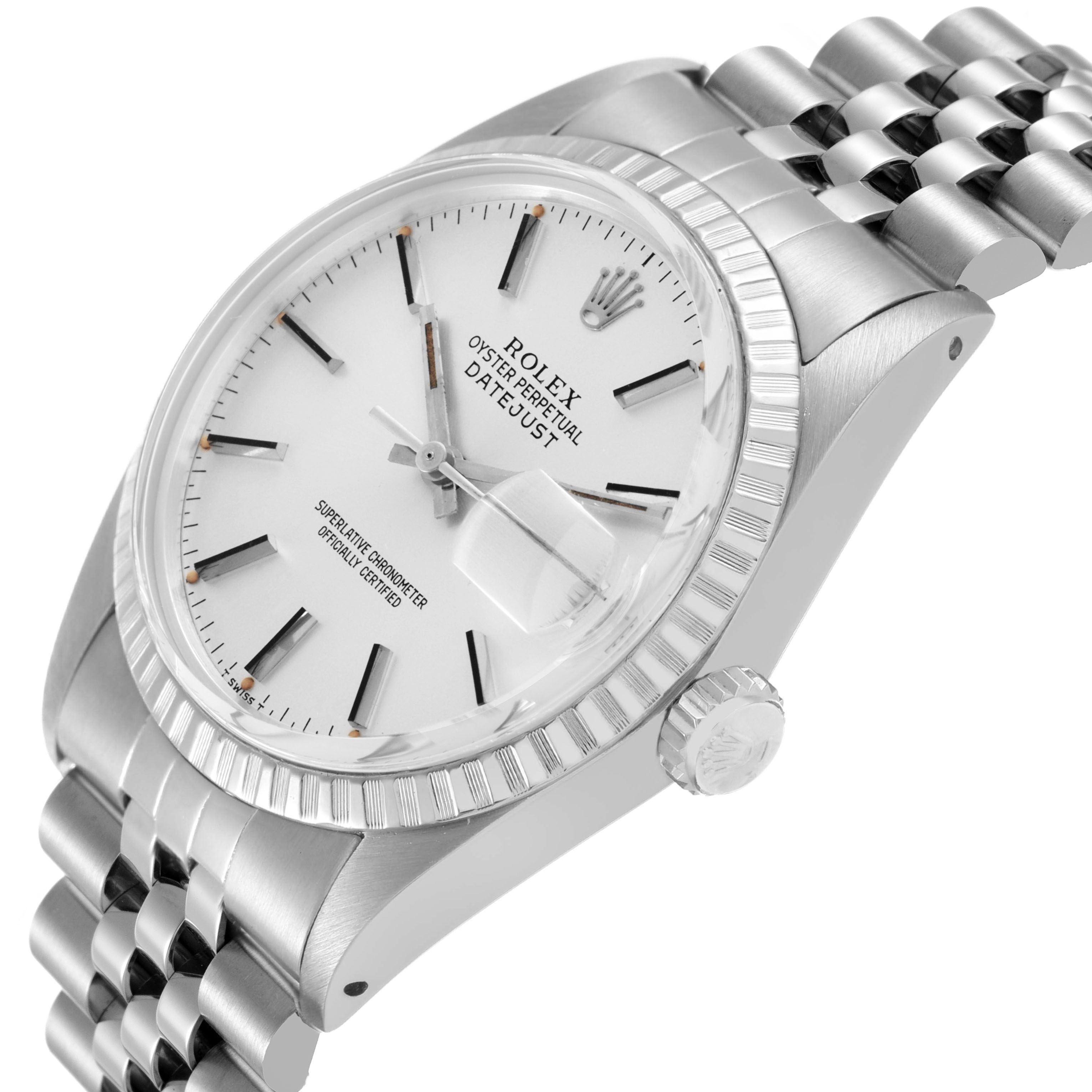 The Rolex Datejust 16030 Men's Stainless Steel Silver Dial watch is shown at an angled view, highlighting the face, fluted bezel, crown, and part of the bracelet.