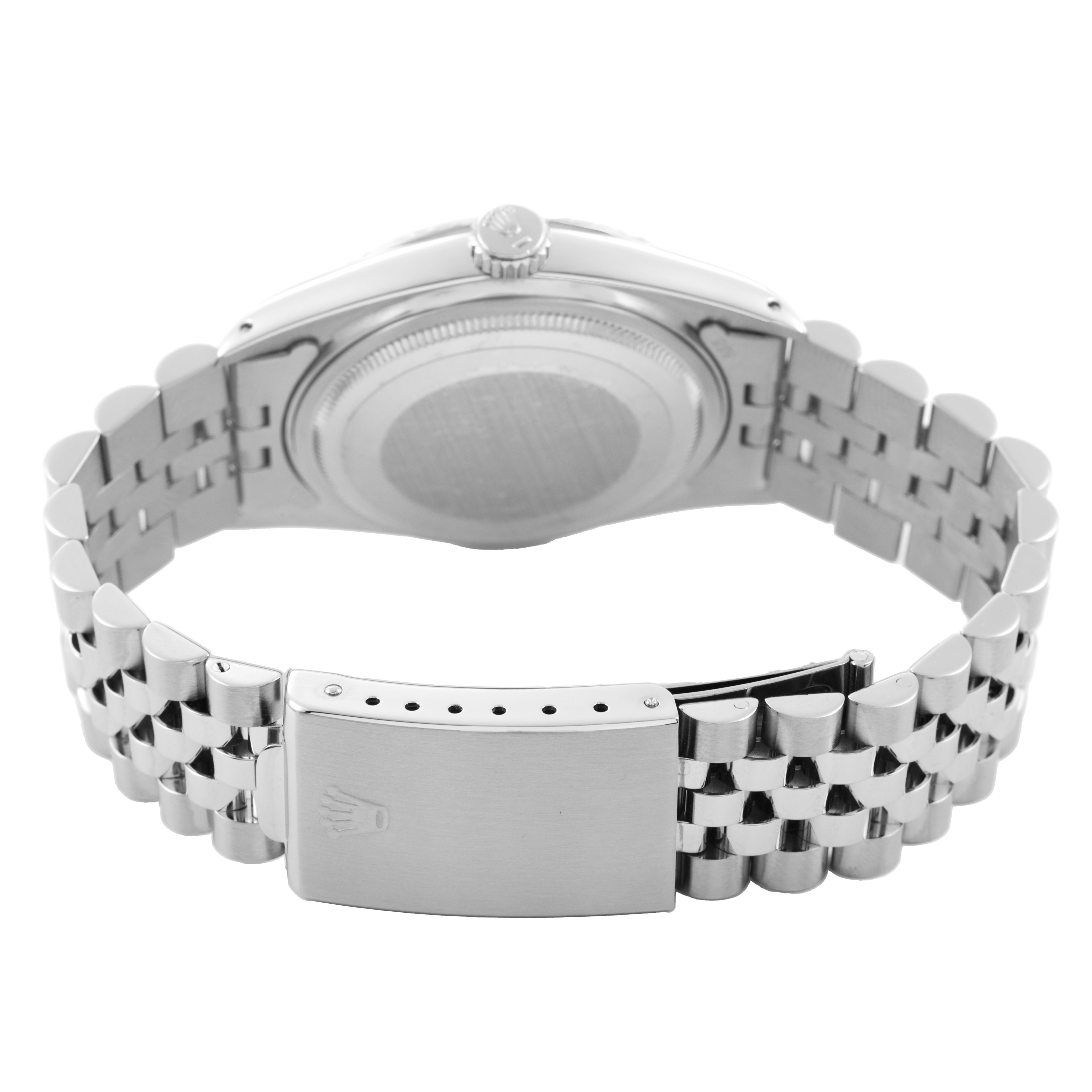 The image shows the back view of a Rolex Datejust 16030 Men's Stainless Steel Silver Dial, highlighting the clasp, bracelet, and case back.