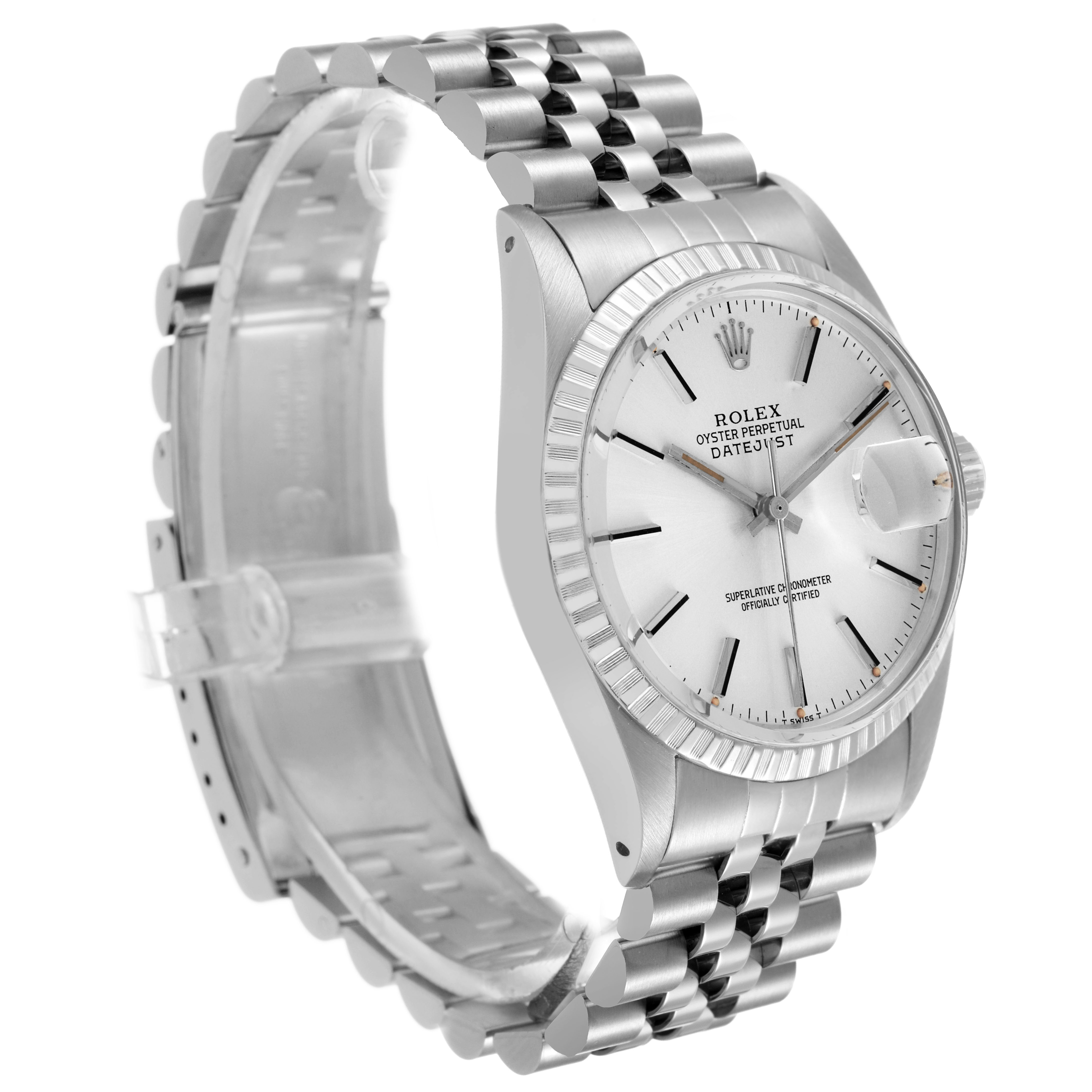The Rolex Datejust 16030 Men's Stainless Steel Silver Dial watch is shown at a three-quarter angle, highlighting the case, bezel, dial, and bracelet.