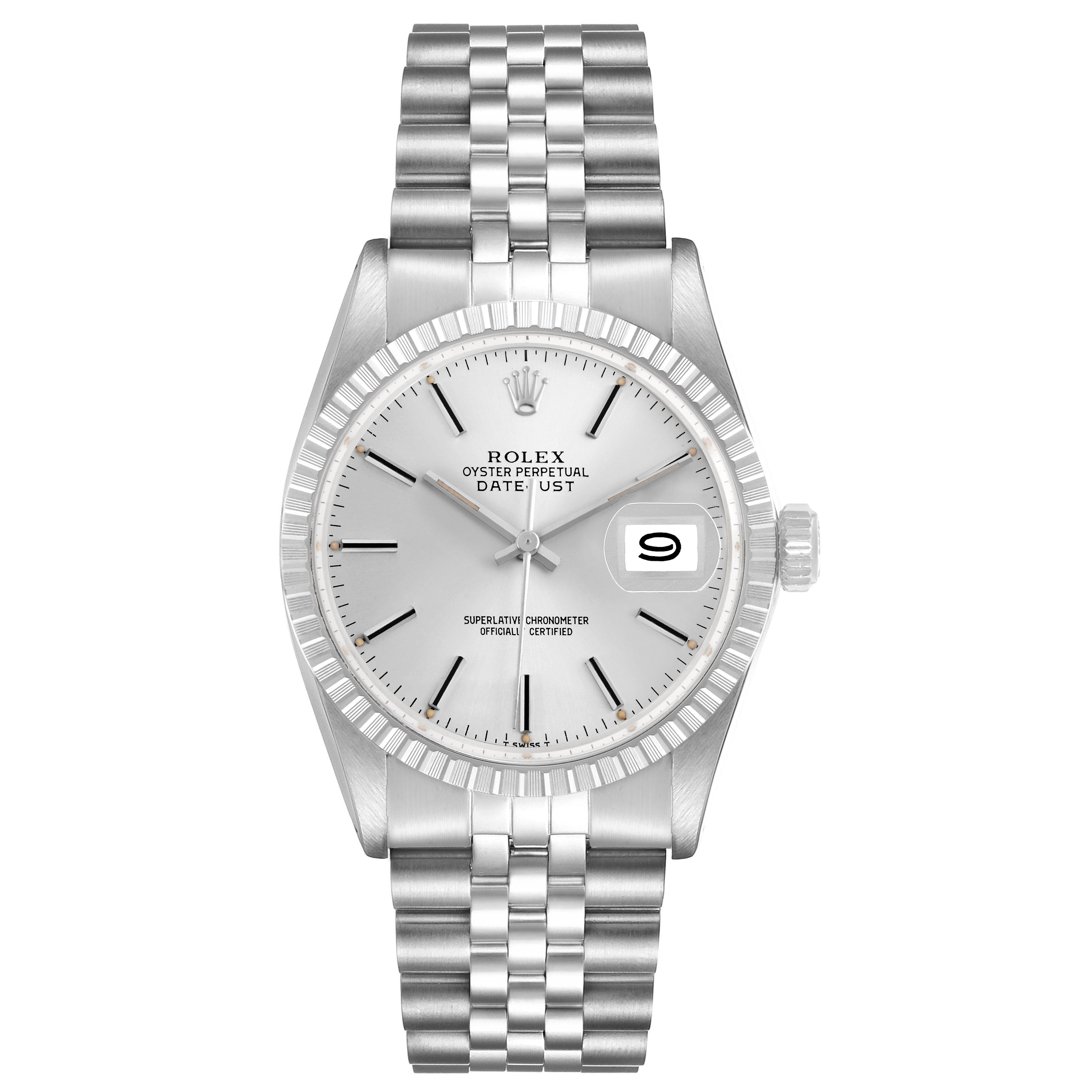 The Rolex Datejust 16030 Men's Stainless Steel Silver Dial watch is shown from a front angle, displaying the dial, bezel, and bracelet clearly.