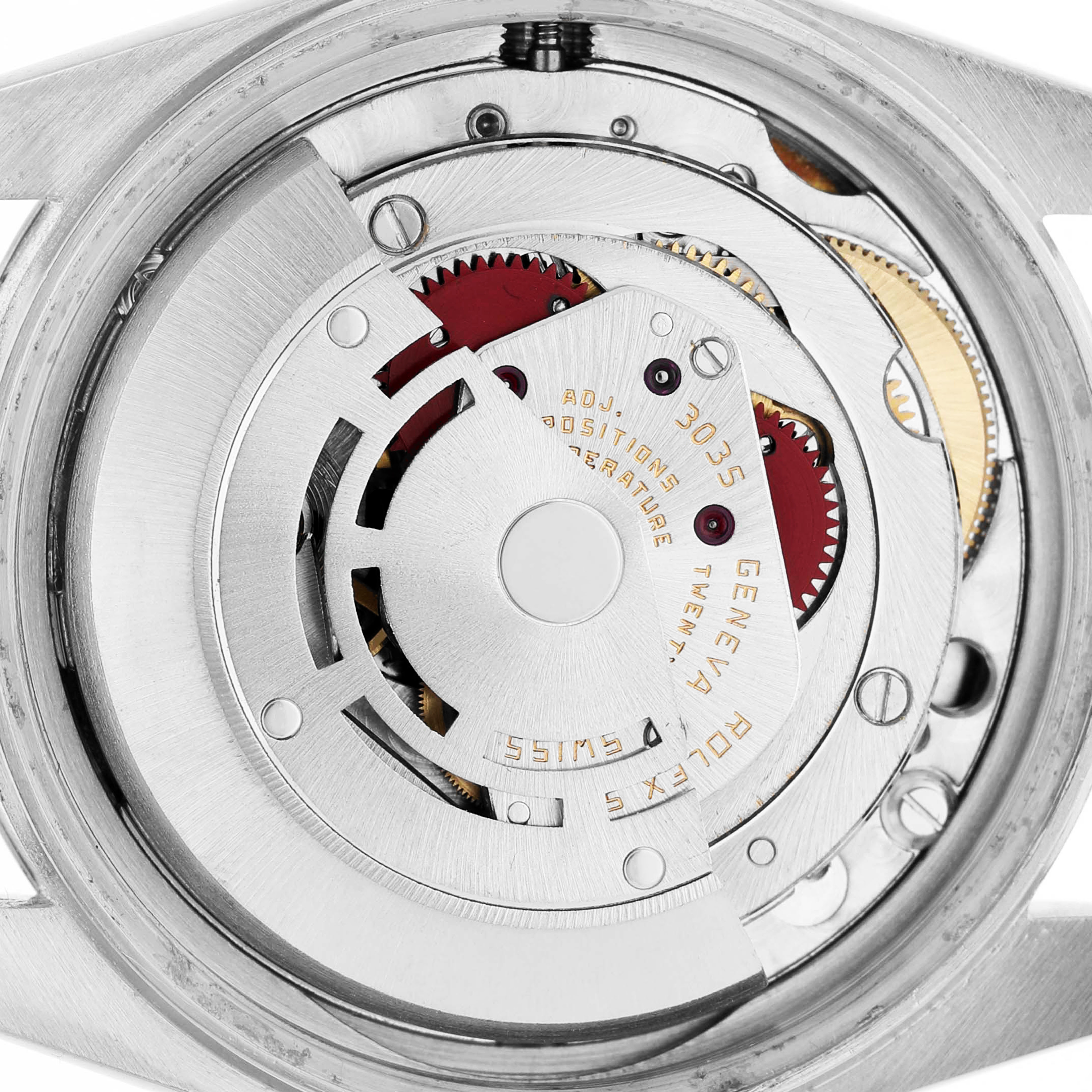 The image shows the movement mechanism of a Rolex Datejust 16030 Men's Stainless Steel Silver Dial watch from a rear angle.