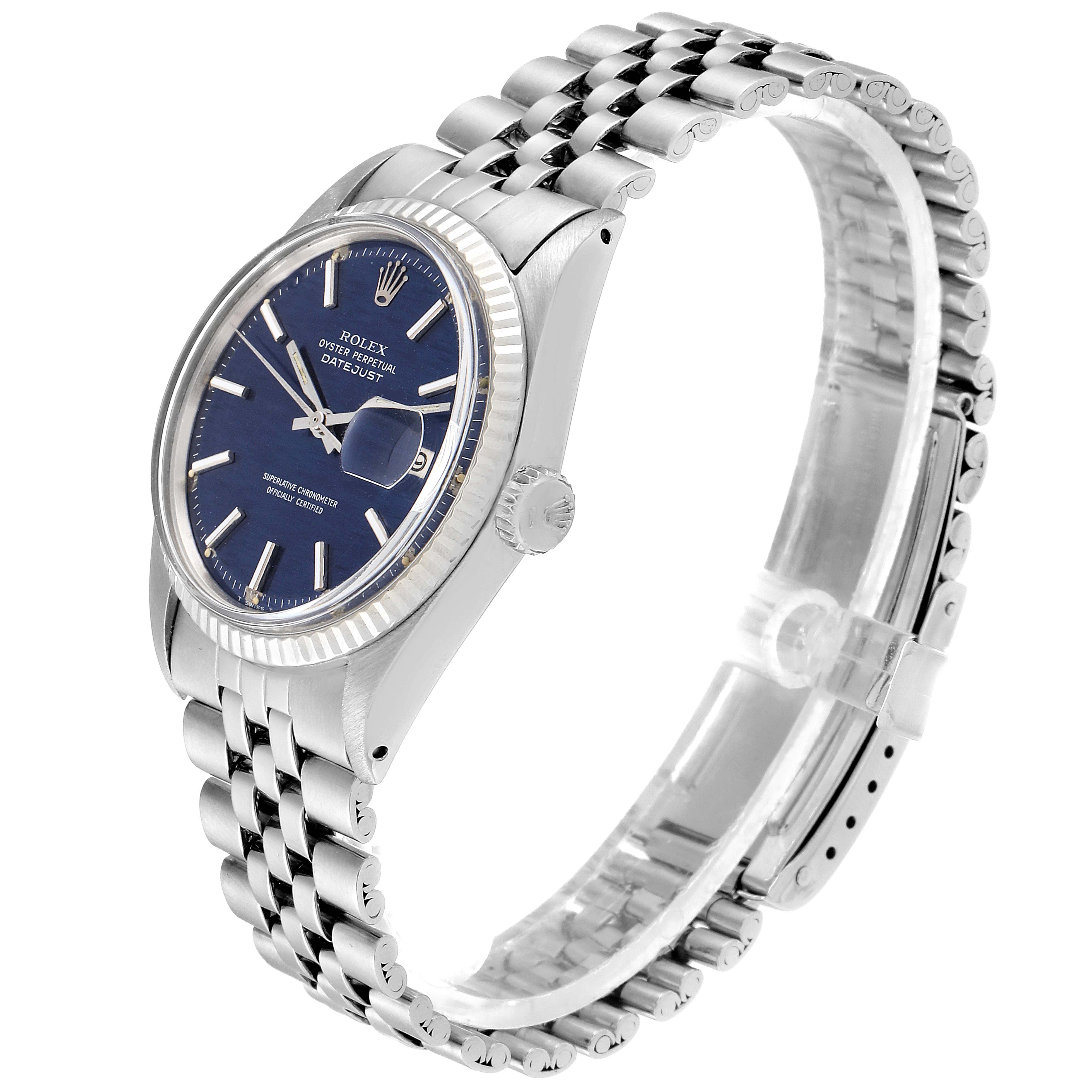 This image shows a side view of a Rolex Datejust 1601 Men
s Stainless Steel Blue Dial 1601 Men
s Stainless Steel Blue Dial watch, highlighting its blue dial, fluted bezel, and Jubilee bracelet.