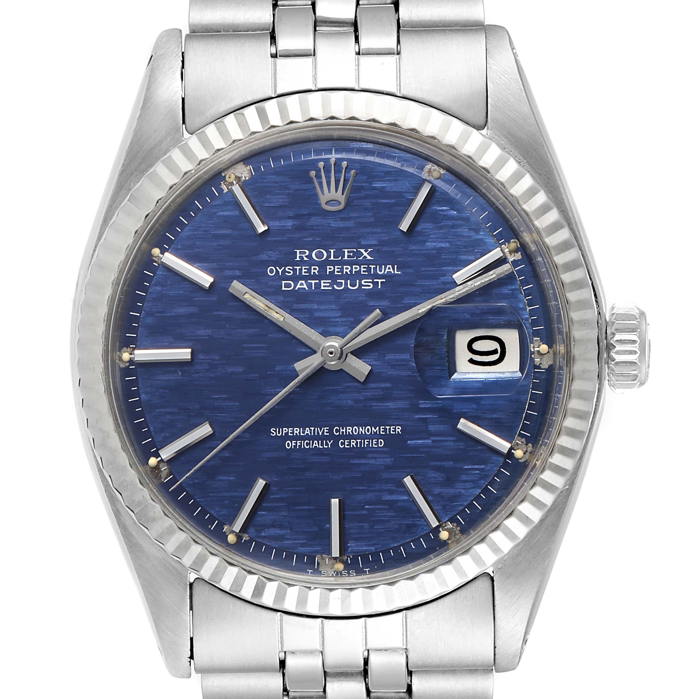 The image shows a front view of a Rolex Datejust 1601 Men
s Stainless Steel Blue Dial 1601 Men
s Stainless Steel Blue Dial watch featuring a blue dial, date window, and stainless steel bracelet.