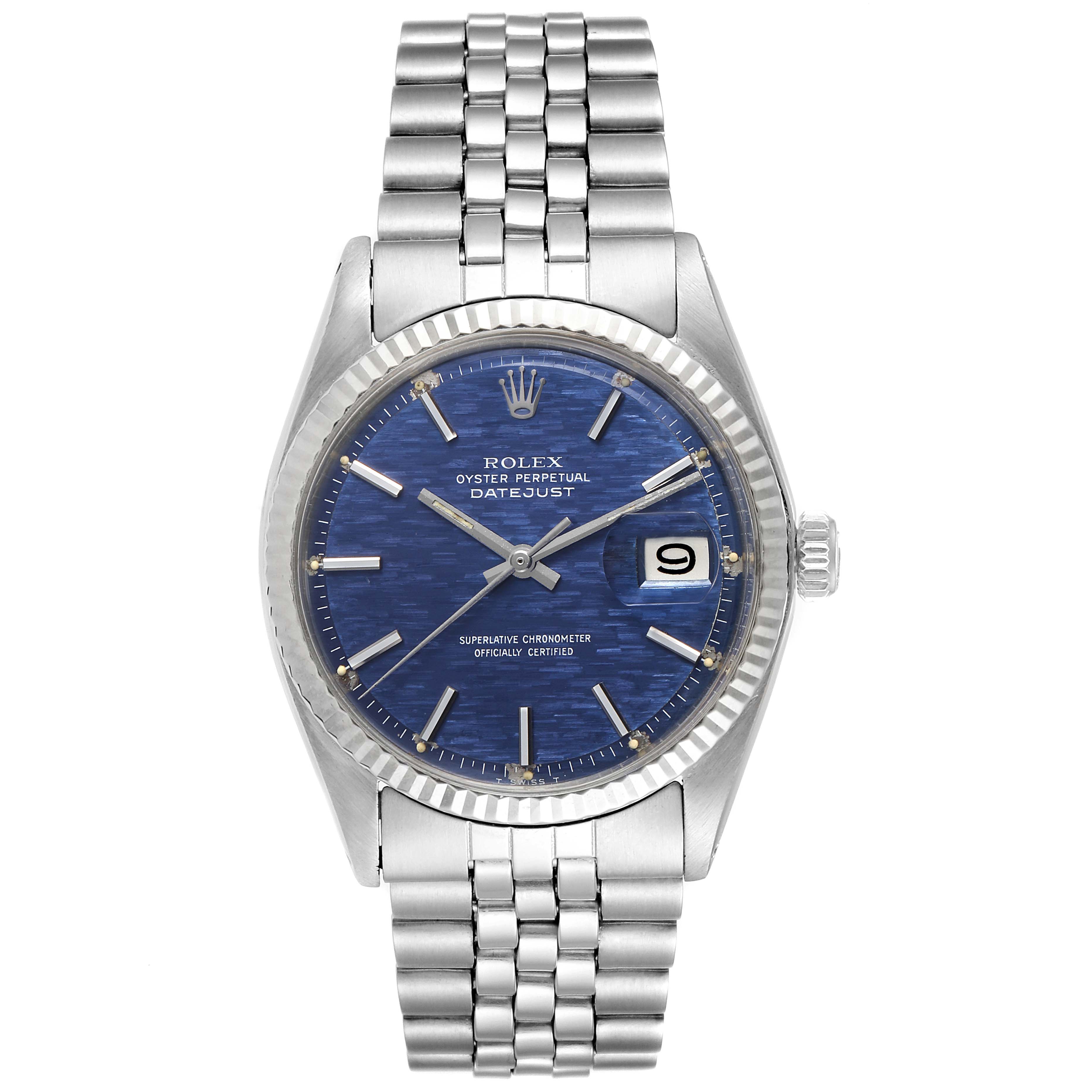 The image shows a Rolex Datejust 1601 Men
s Stainless Steel Blue Dial 1601 Men
s Stainless Steel Blue Dial watch from a front angle, featuring its face, bezel, crown, and bracelet.