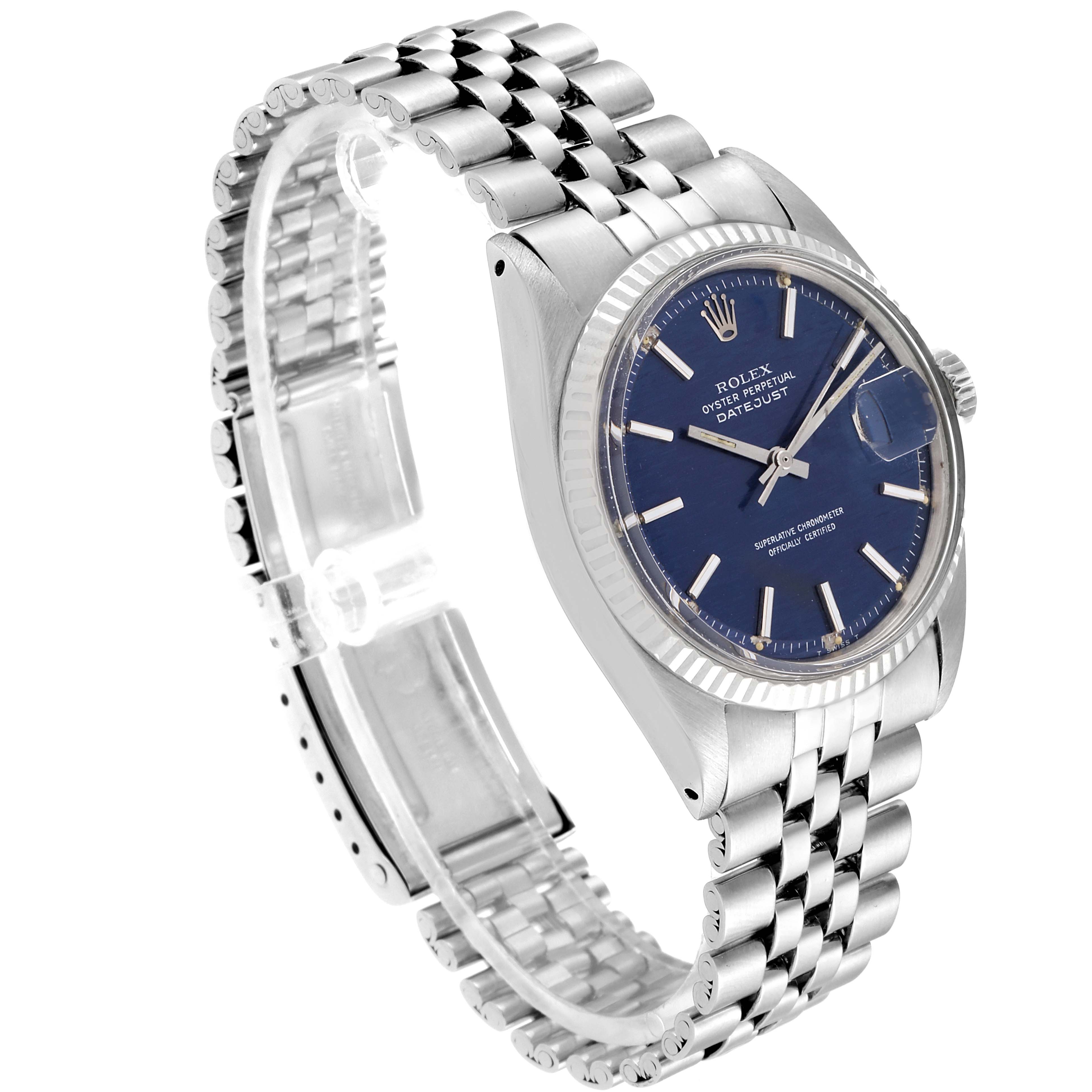 This image shows a Rolex Datejust 1601 Men
s Stainless Steel Blue Dial 1601 Men
s Stainless Steel Blue Dial watch at a slight side angle, displaying the face, bezel, crown, and bracelet.