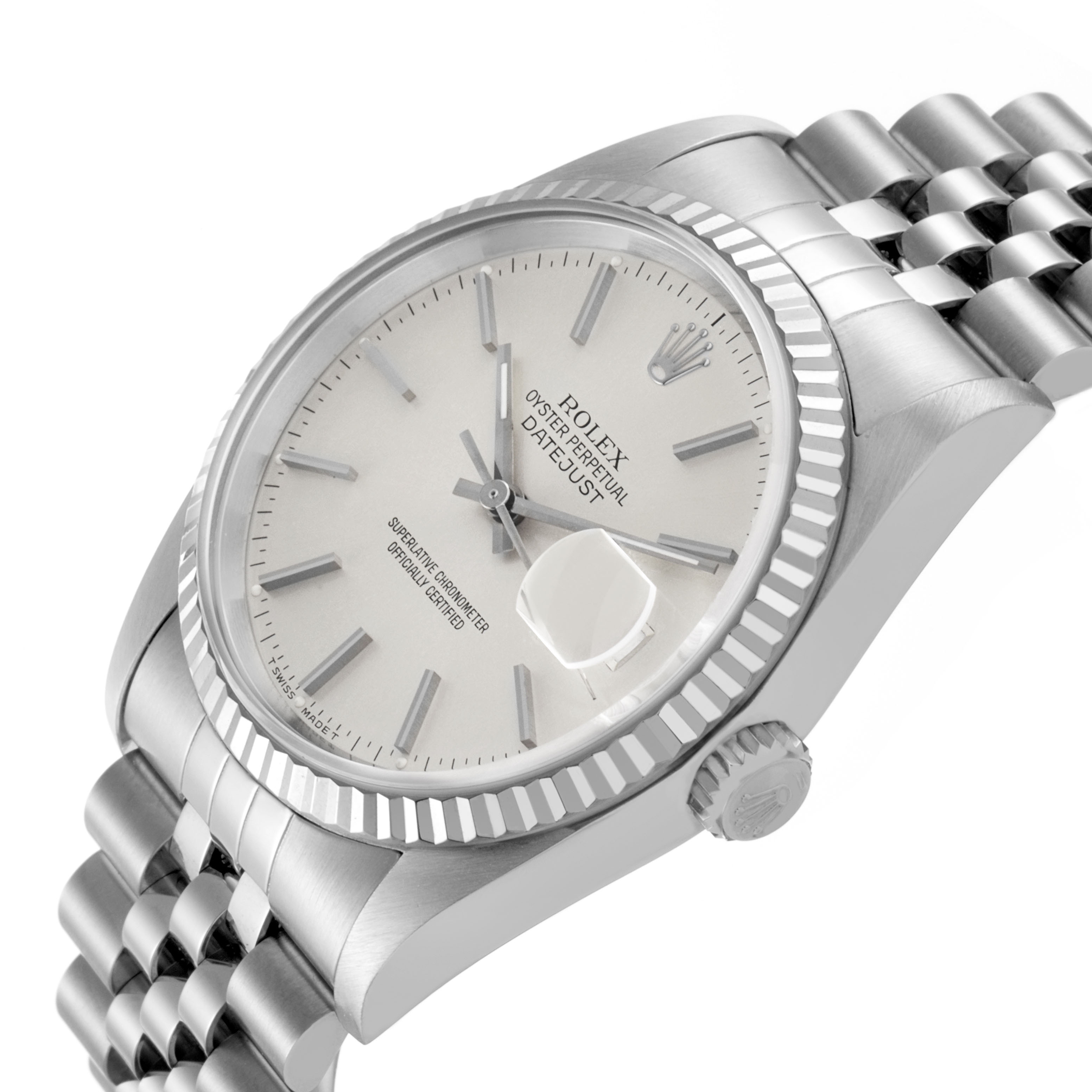 The Rolex Datejust 16234 Men's Stainless Steel Silver Dial watch is shown at a three-quarter angle, revealing the face, bezel, and part of the bracelet.