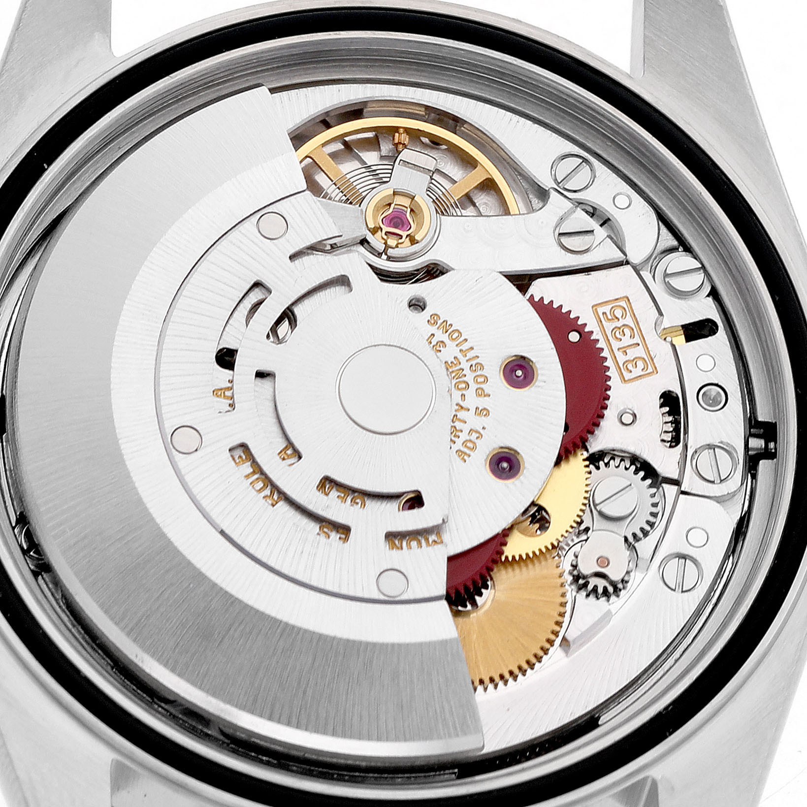The image shows the internal components of a Rolex Datejust 16234 Men's Stainless Steel Silver Dial watch from the back, highlighting its movement.