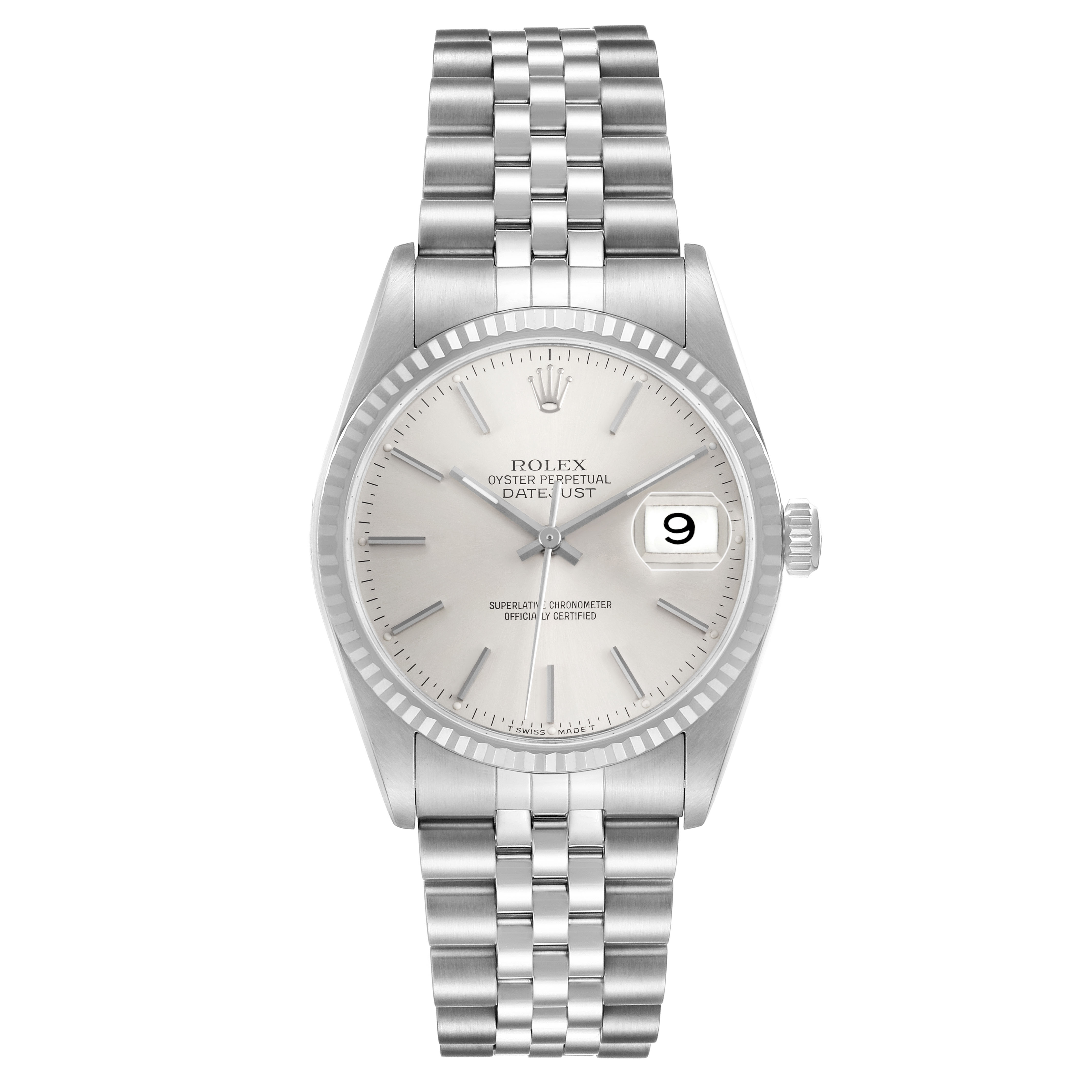 The Rolex Datejust 16234 Men's Stainless Steel Silver Dial watch is shown from a top-down angle, highlighting the face, bezel, crown, and Jubilee bracelet.