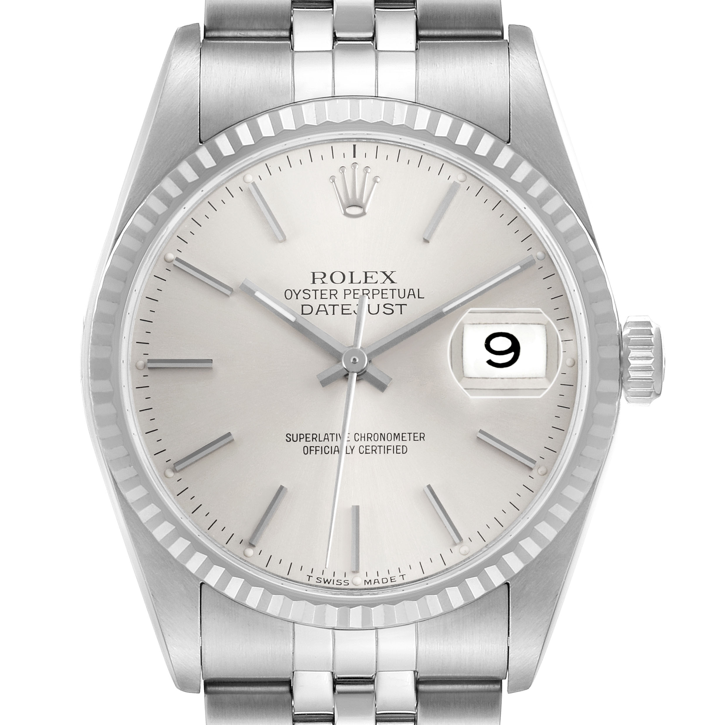 The Rolex Datejust 16234 Men's Stainless Steel Silver Dial watch is shown from the front, highlighting the dial, bezel, and bracelet.