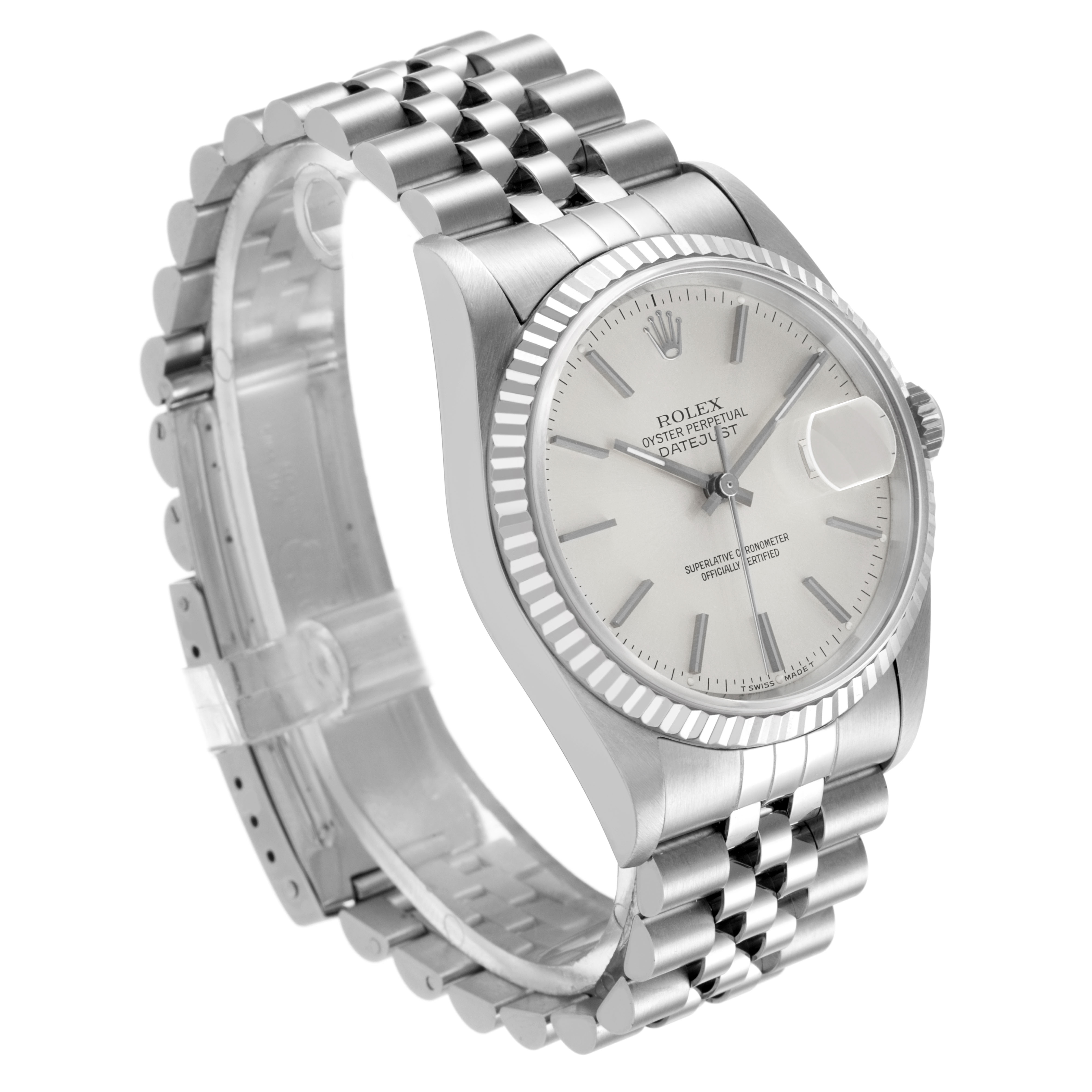 The Rolex Datejust 16234 Men's Stainless Steel Silver Dial watch is shown at a three-quarter angle, highlighting the dial, bezel, and Jubilee bracelet.