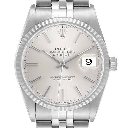 The image shows a front view of the Rolex Datejust 16234 Men's Stainless Steel Silver Dial, highlighting the dial, fluted bezel, and three-link bracelet.